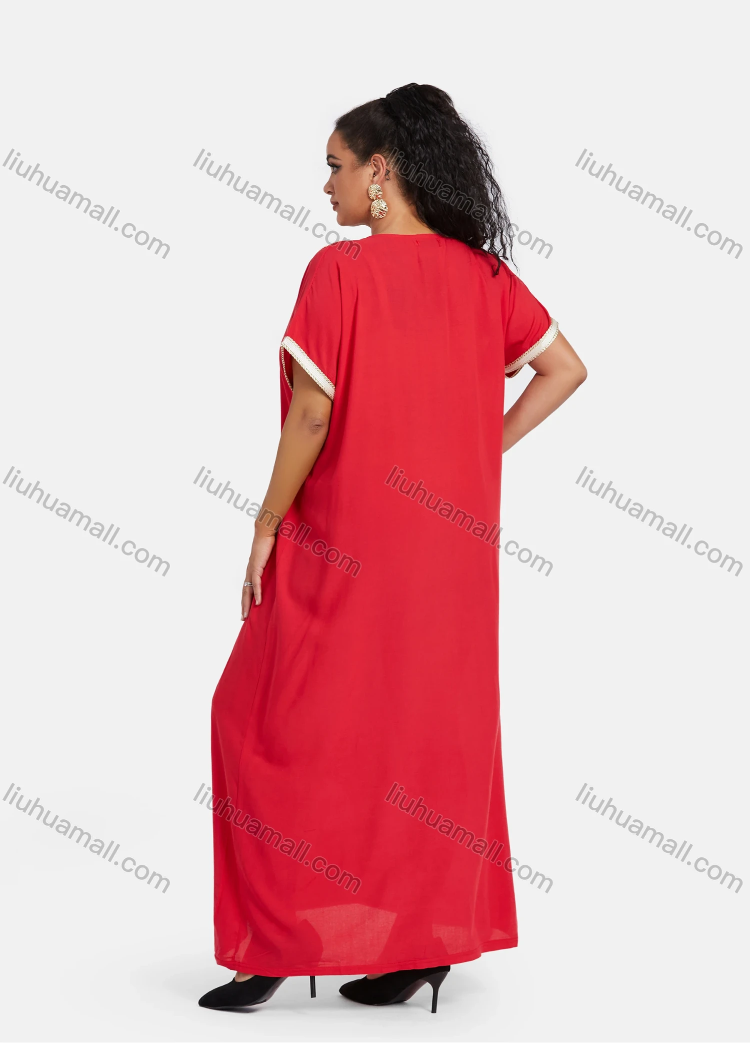 Wholesale Women's African Short Sleeve Floral Embroidery Round Neck Maxi Kaftan Dress #WQ42 - Liuhuamall