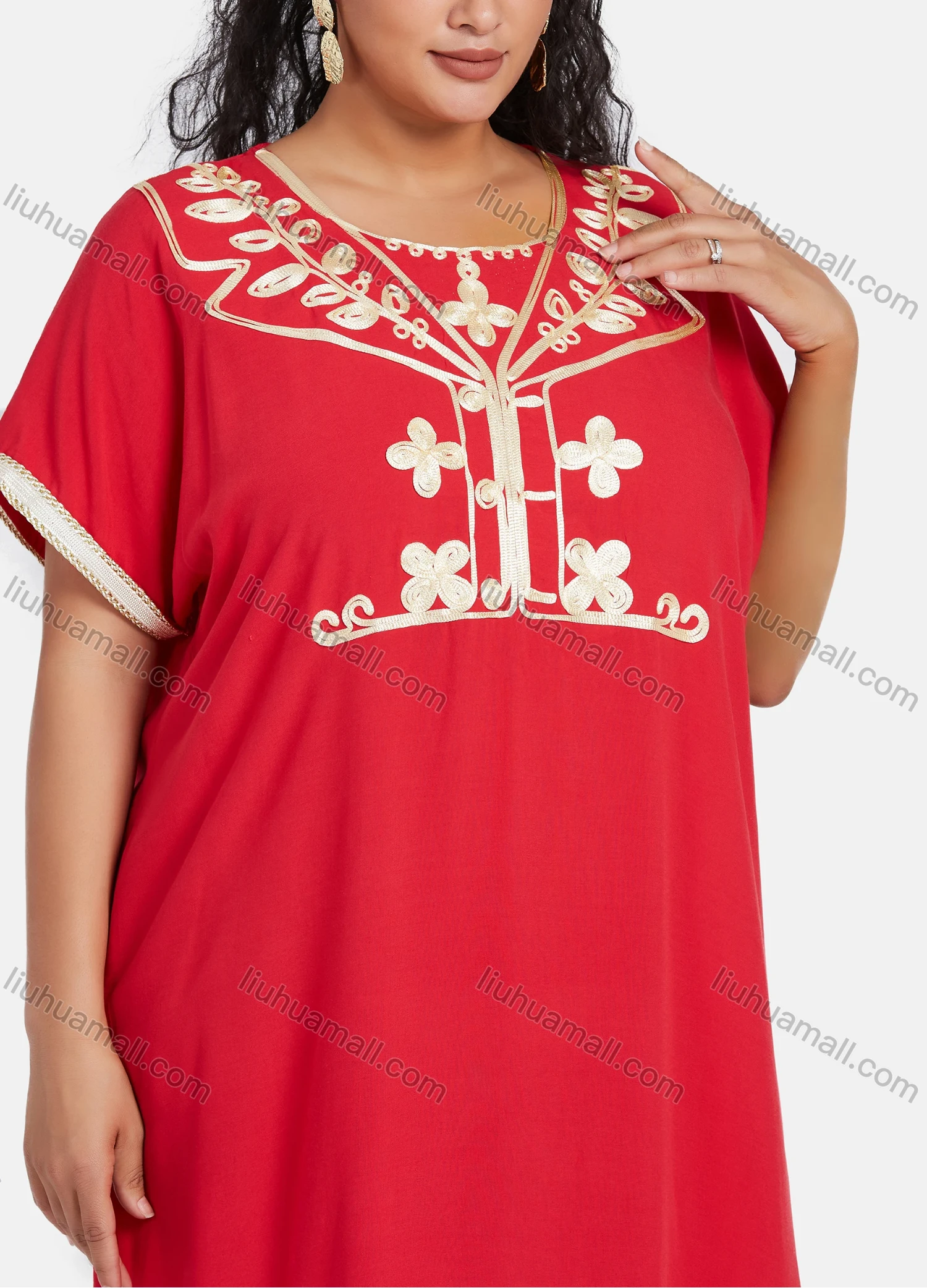 Wholesale Women's African Short Sleeve Floral Embroidery Round Neck Maxi Kaftan Dress #WQ42 - Liuhuamall