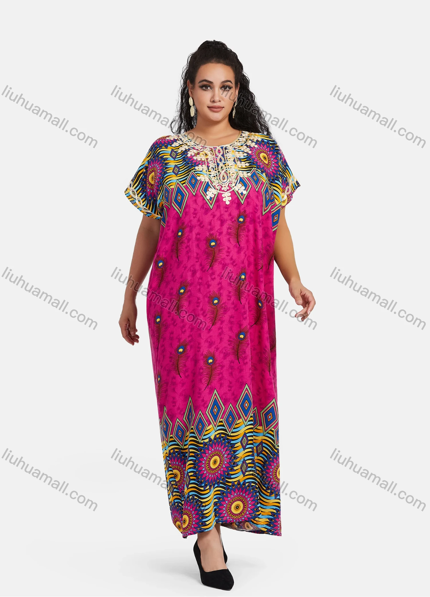 Wholesale Women's African Short Sleeve Tribal & Peacock Print Embroidery Round Neck Maxi Kaftan Dress #2046 - Liuhuamall