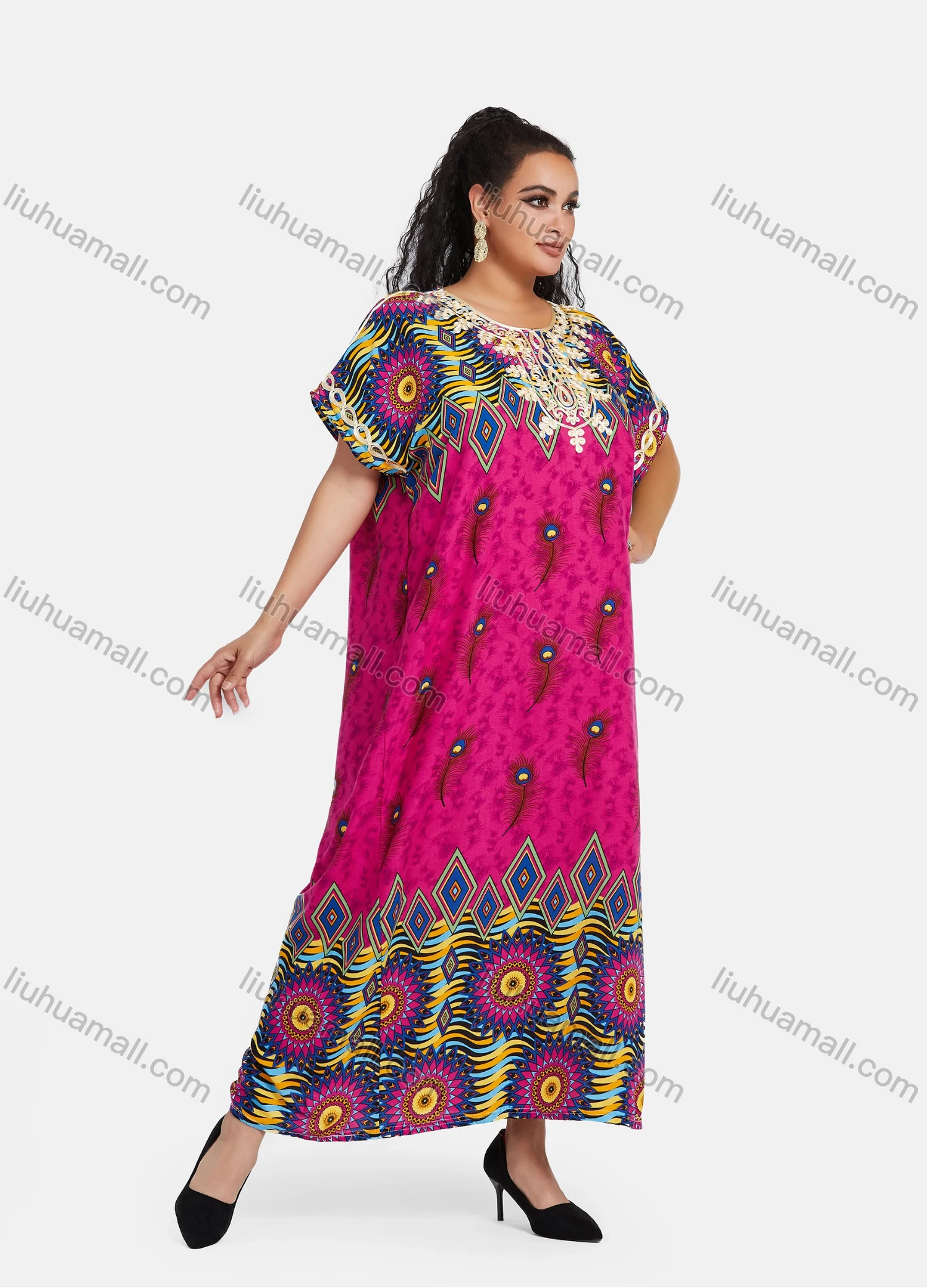 Wholesale Women's African Short Sleeve Tribal & Peacock Print Embroidery Round Neck Maxi Kaftan Dress #2046 - Liuhuamall