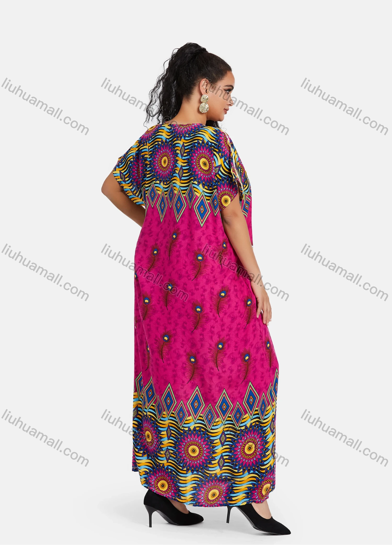 Wholesale Women's African Short Sleeve Tribal & Peacock Print Embroidery Round Neck Maxi Kaftan Dress #2046 - Liuhuamall