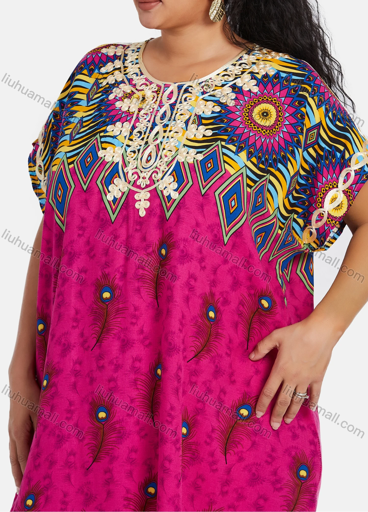 Wholesale Women's African Short Sleeve Tribal & Peacock Print Embroidery Round Neck Maxi Kaftan Dress #2046 - Liuhuamall