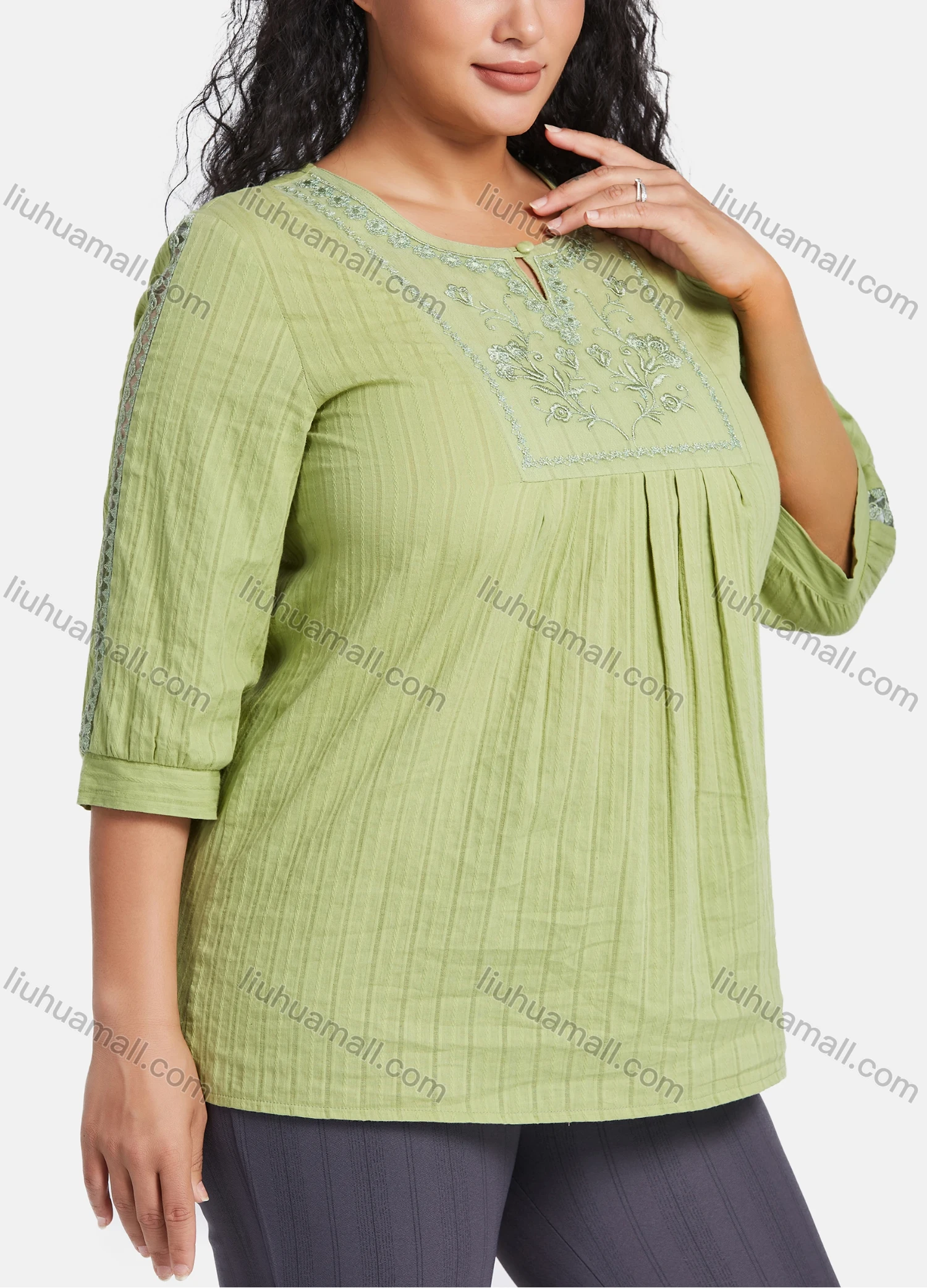 Wholesale Women's Plus Size Casual 3/4 Sleeve Floral Embroidery Plain Blouse - Liuhuamall
