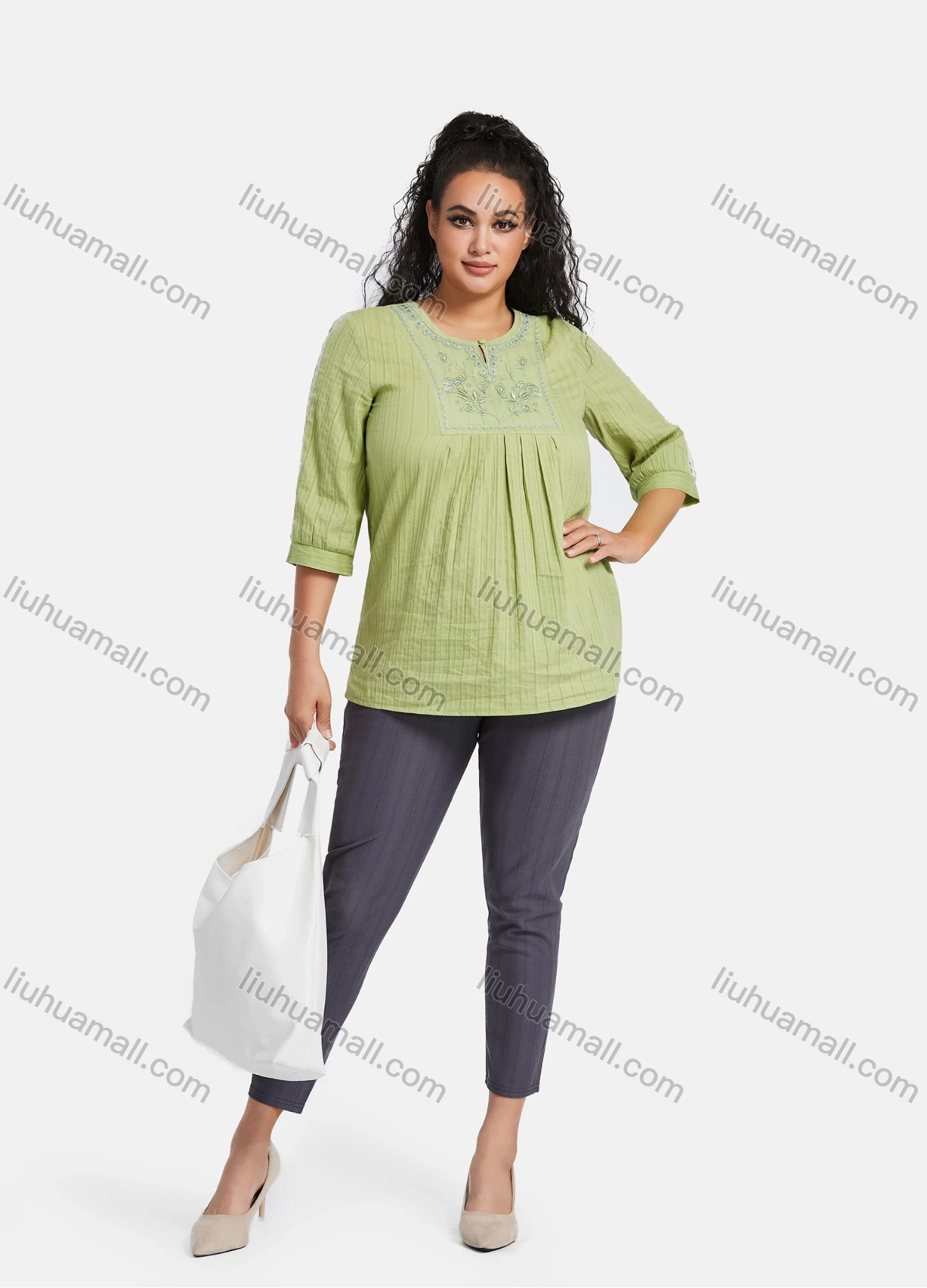 Wholesale Women's Plus Size Casual 3/4 Sleeve Floral Embroidery Plain Blouse - Liuhuamall