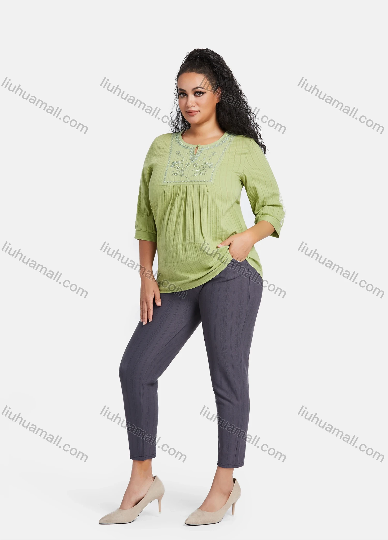 Wholesale Women's Plus Size Casual 3/4 Sleeve Floral Embroidery Plain Blouse - Liuhuamall