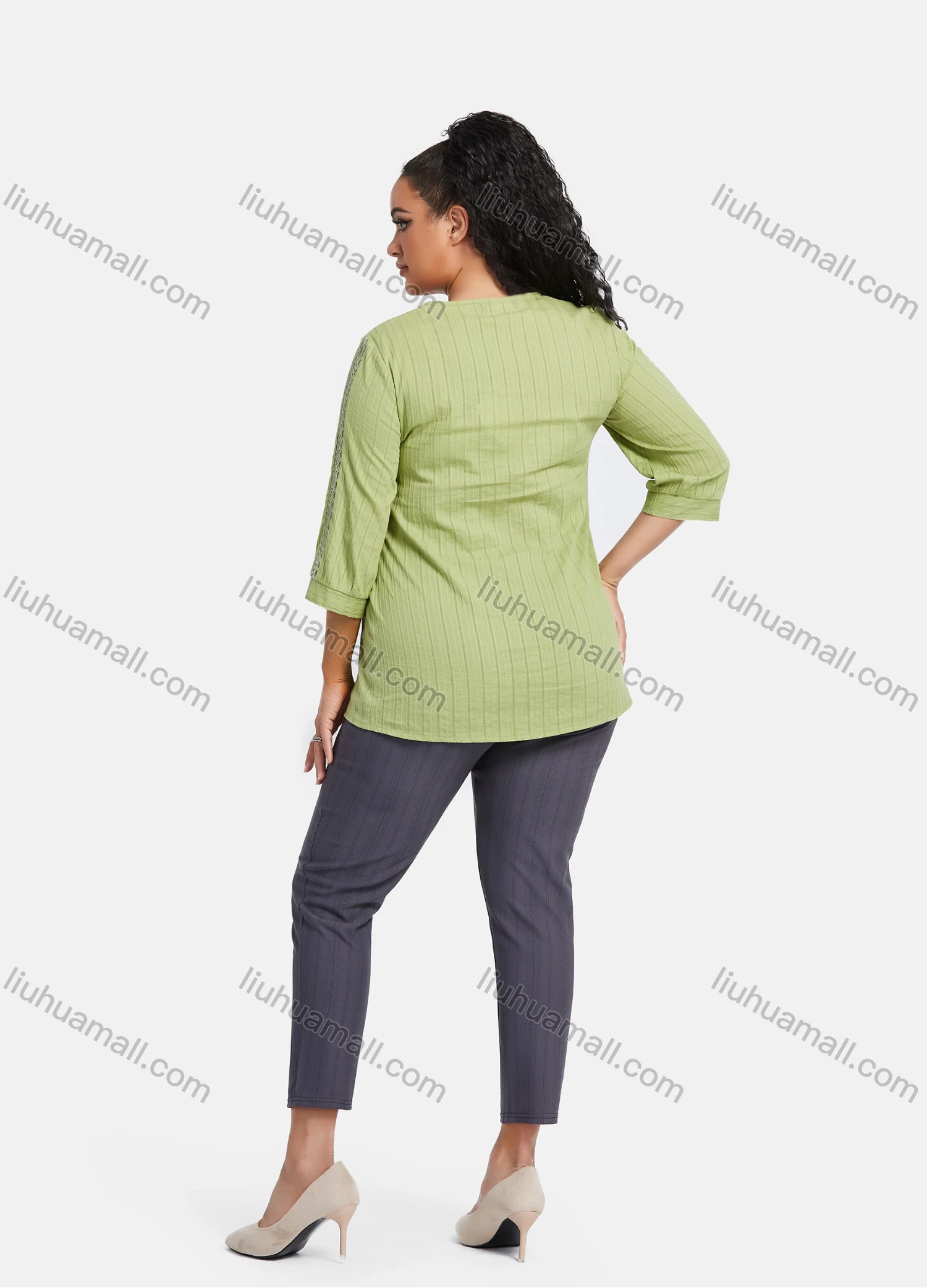 Wholesale Women's Plus Size Casual 3/4 Sleeve Floral Embroidery Plain Blouse - Liuhuamall