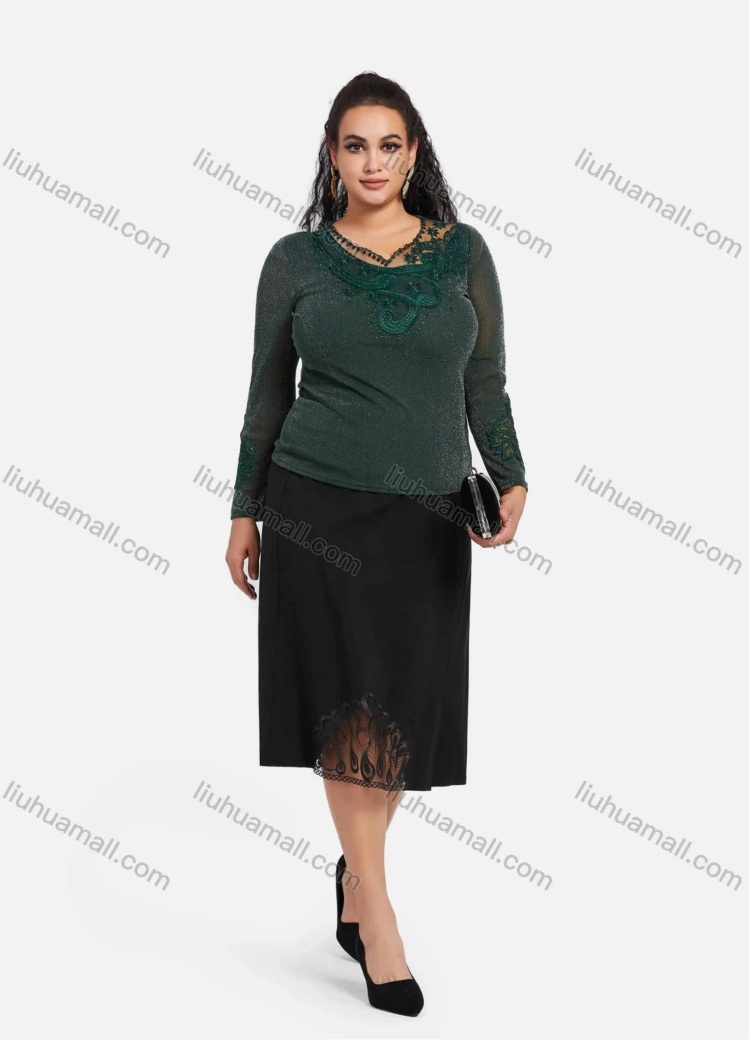 Wholesale Women's Plus Size Long Sleeve Glitter Mesh Lace Sheer Embroidery Blouse - Liuhuamall