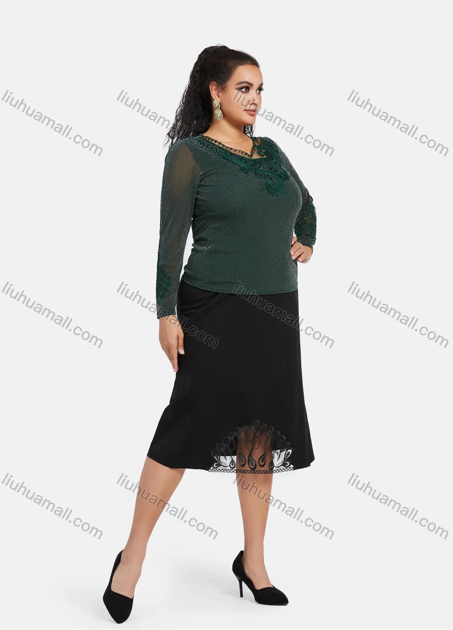 Wholesale Women's Plus Size Long Sleeve Glitter Mesh Lace Sheer Embroidery Blouse - Liuhuamall