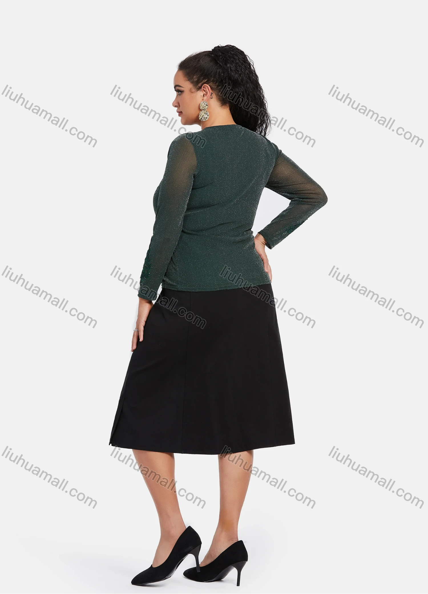 Wholesale Women's Plus Size Long Sleeve Glitter Mesh Lace Sheer Embroidery Blouse - Liuhuamall