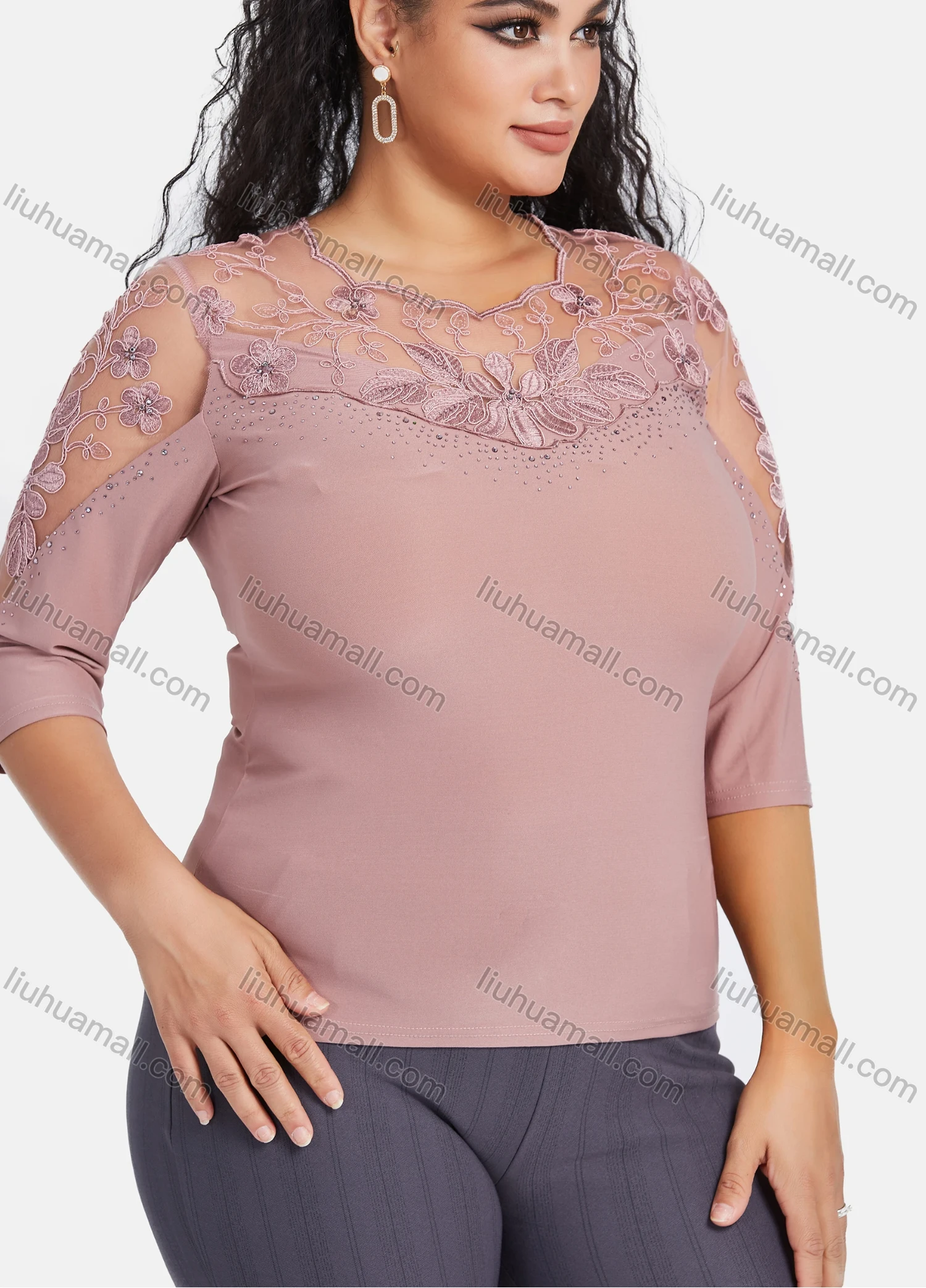 Wholesale Women's Plus Size 3/4 Sleeve Lace sheer Embroidery Rhinestone Detail Blouse - Liuhuamall