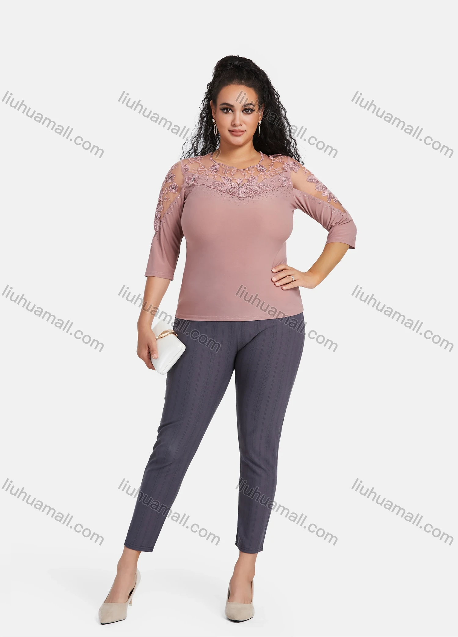 Wholesale Women's Plus Size 3/4 Sleeve Lace sheer Embroidery Rhinestone Detail Blouse - Liuhuamall