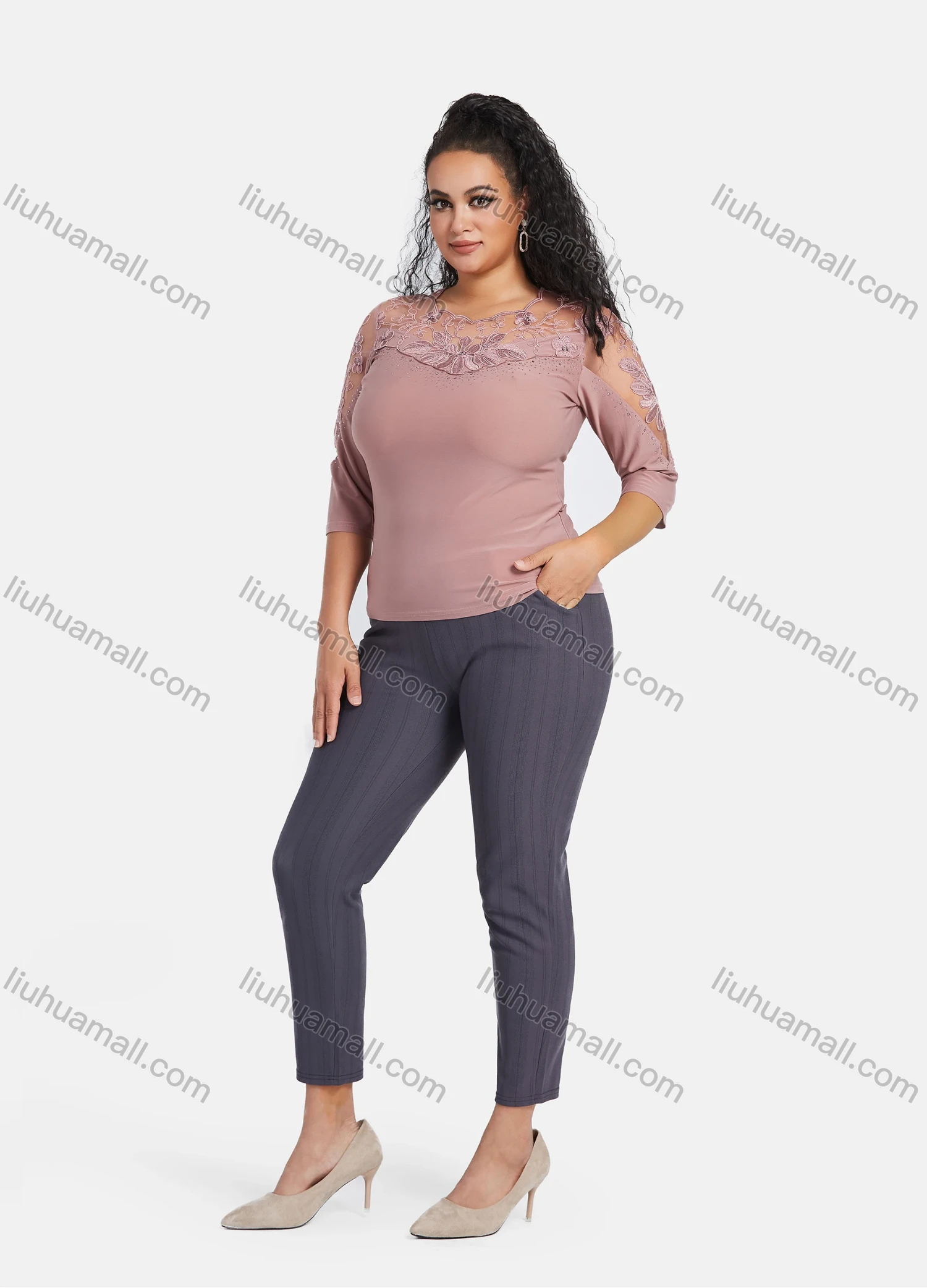 Wholesale Women's Plus Size 3/4 Sleeve Lace sheer Embroidery Rhinestone Detail Blouse - Liuhuamall