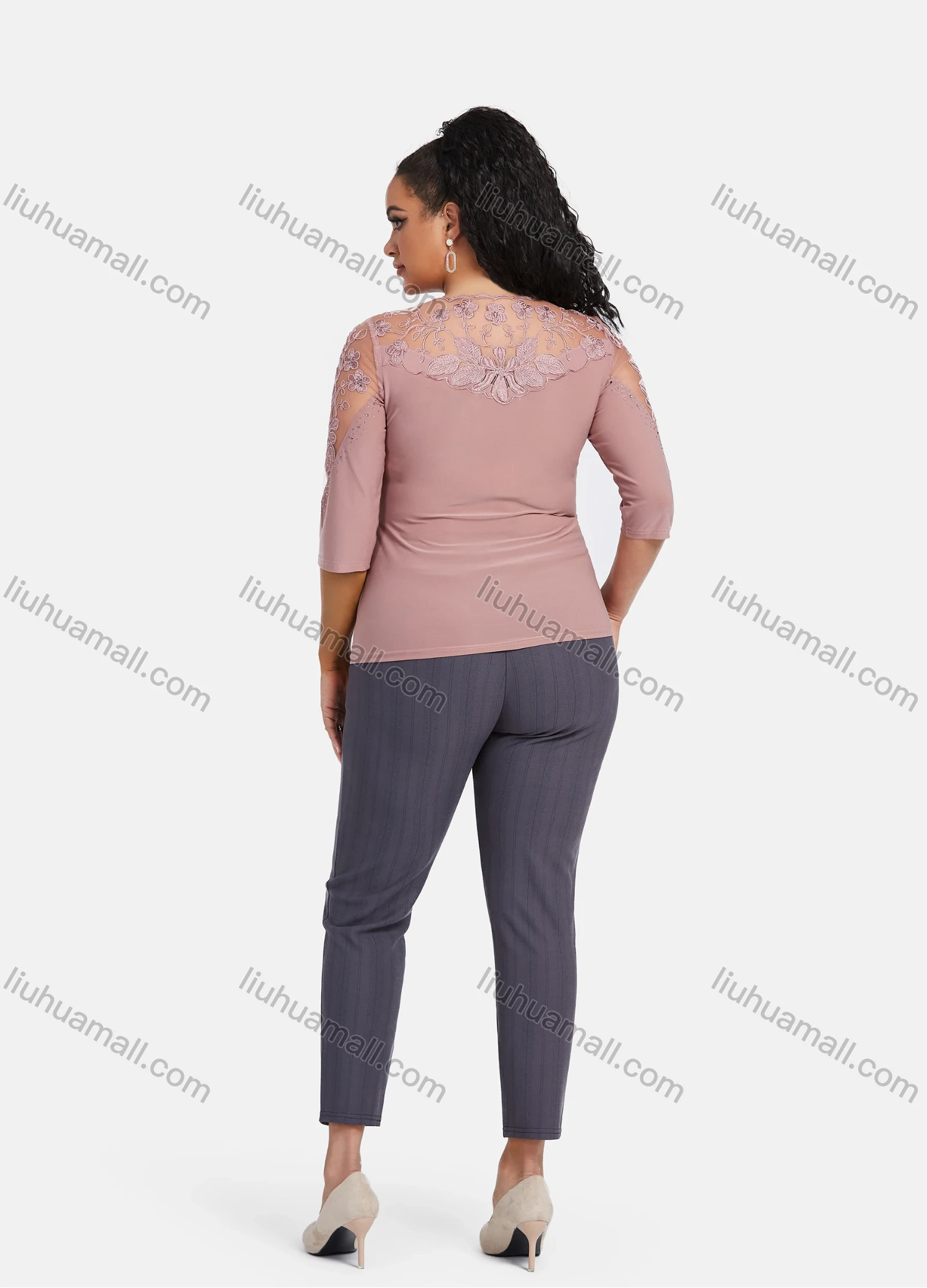 Wholesale Women's Plus Size 3/4 Sleeve Lace sheer Embroidery Rhinestone Detail Blouse - Liuhuamall