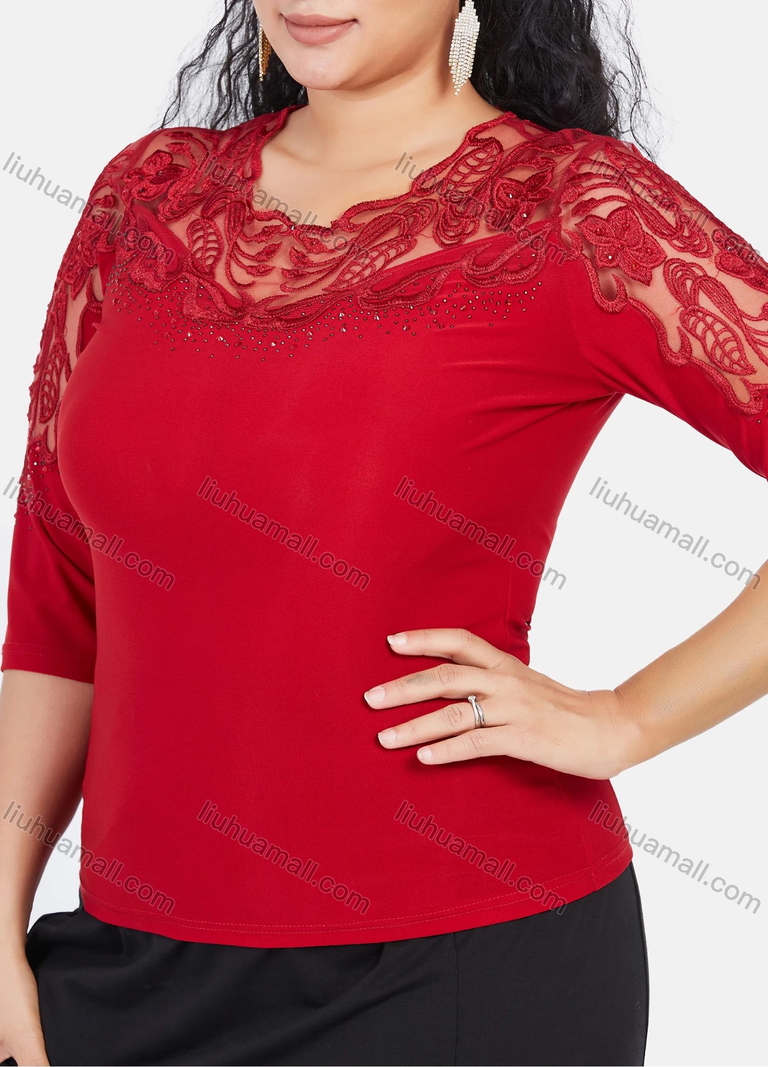 Wholesale Women's Plus Size 3/4 Sleeve Sheer Lace Embroidery Rhinestone Detail Blouse - Liuhuamall
