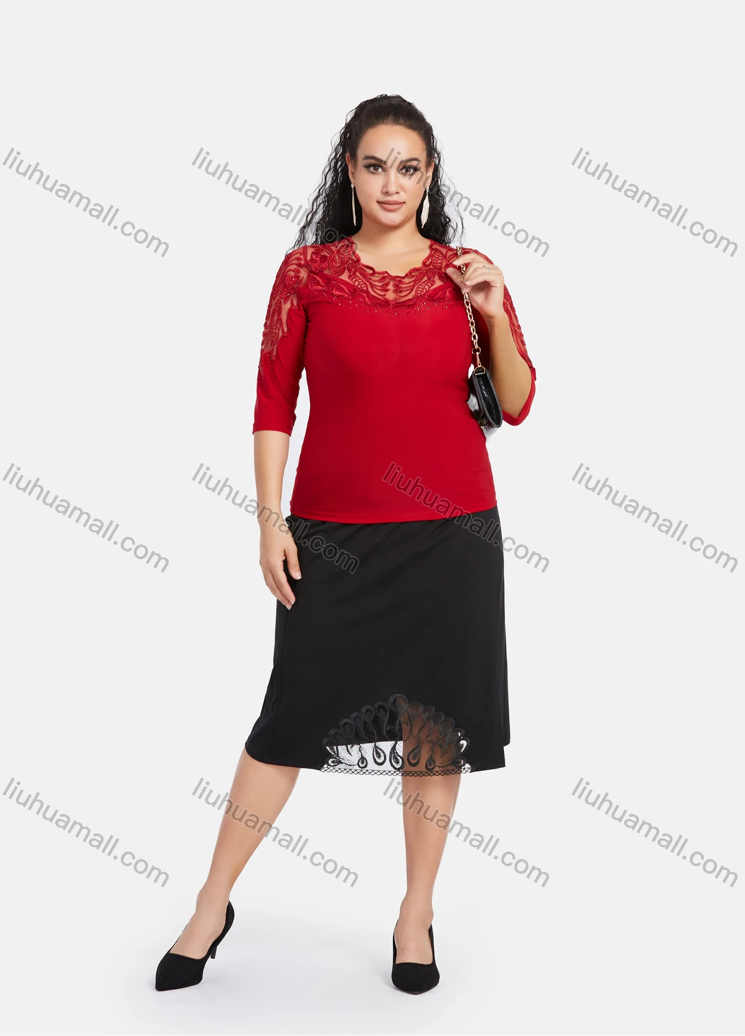 Wholesale Women's Plus Size 3/4 Sleeve Sheer Lace Embroidery Rhinestone Detail Blouse - Liuhuamall