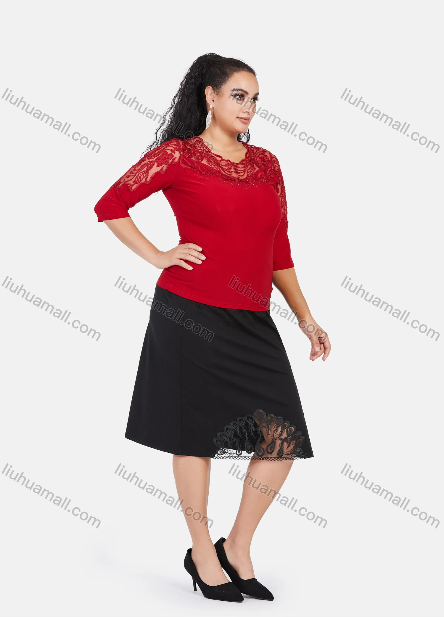 Wholesale Women's Plus Size 3/4 Sleeve Sheer Lace Embroidery Rhinestone Detail Blouse - Liuhuamall