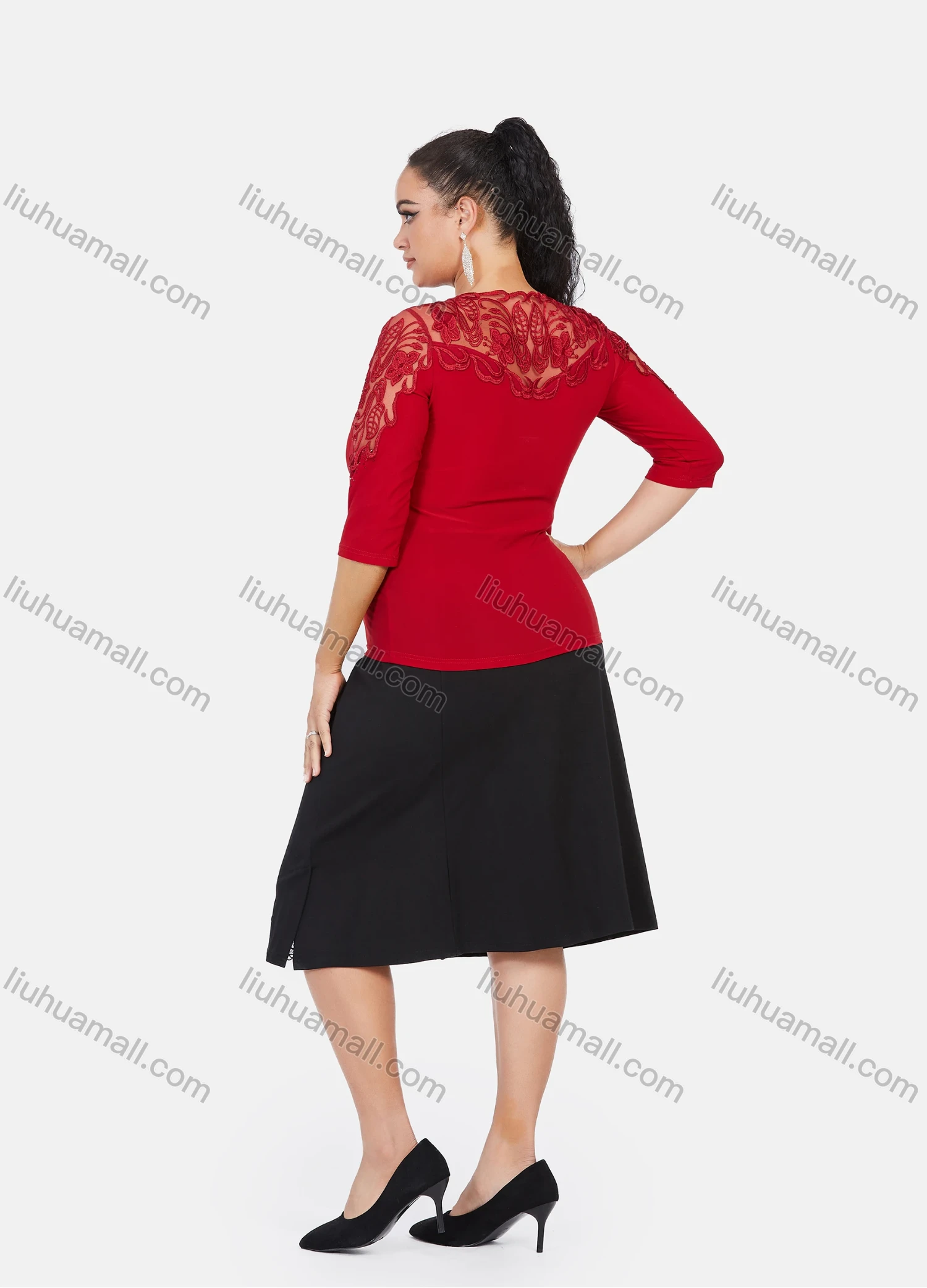 Wholesale Women's Plus Size 3/4 Sleeve Sheer Lace Embroidery Rhinestone Detail Blouse - Liuhuamall