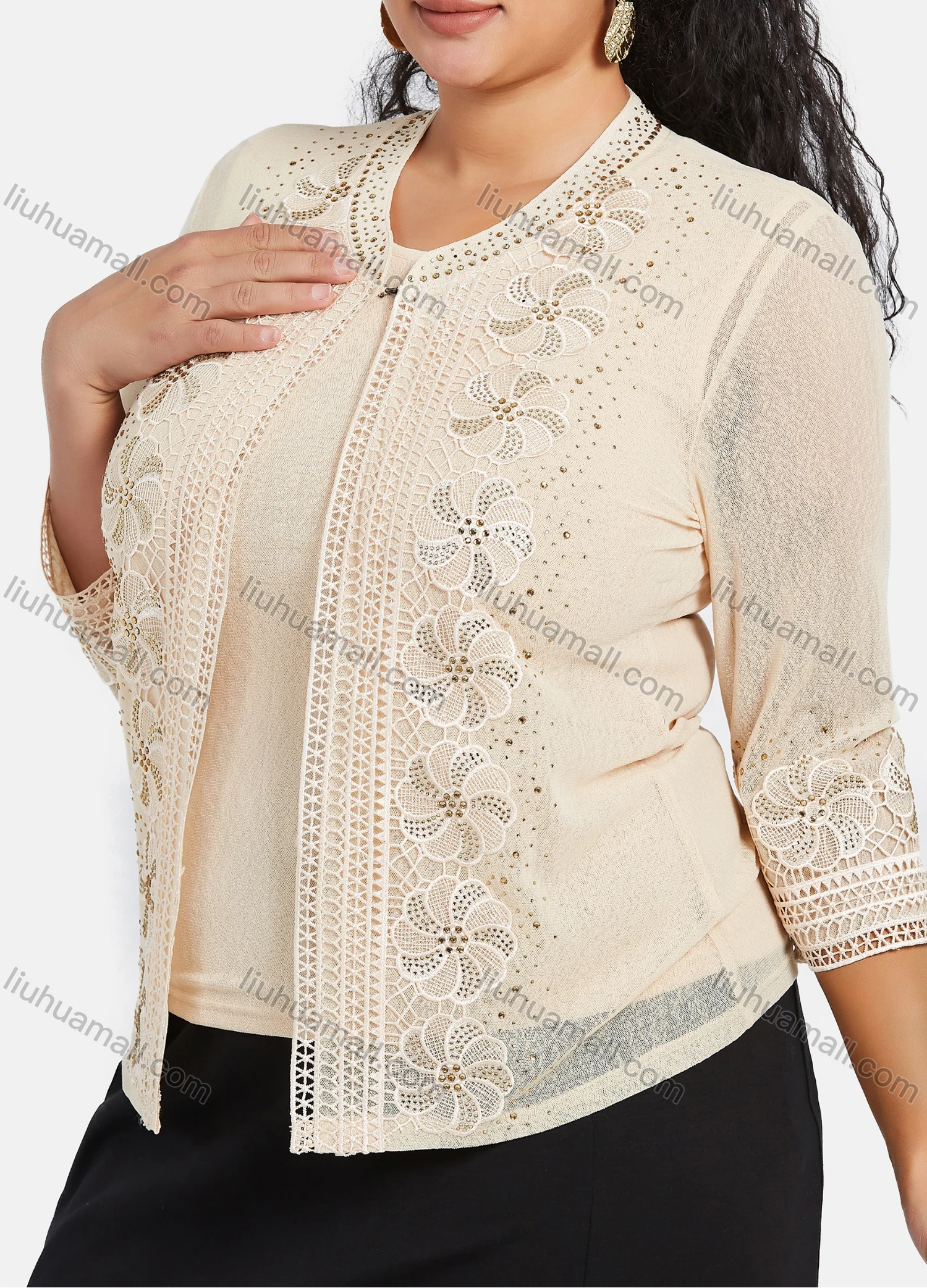 Wholesale Women's Elegant Plus Size Long Sleeve Embroidery Top 2 Piece Sets - Liuhuamall