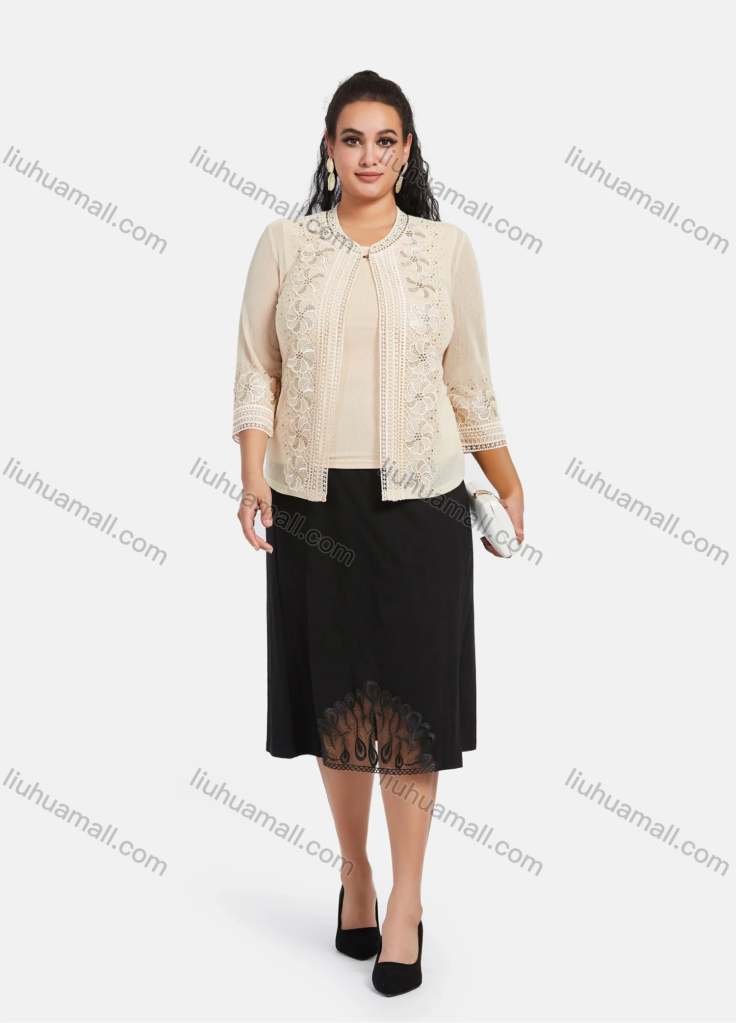 Wholesale Women's Elegant Plus Size Long Sleeve Embroidery Top 2 Piece Sets - Liuhuamall