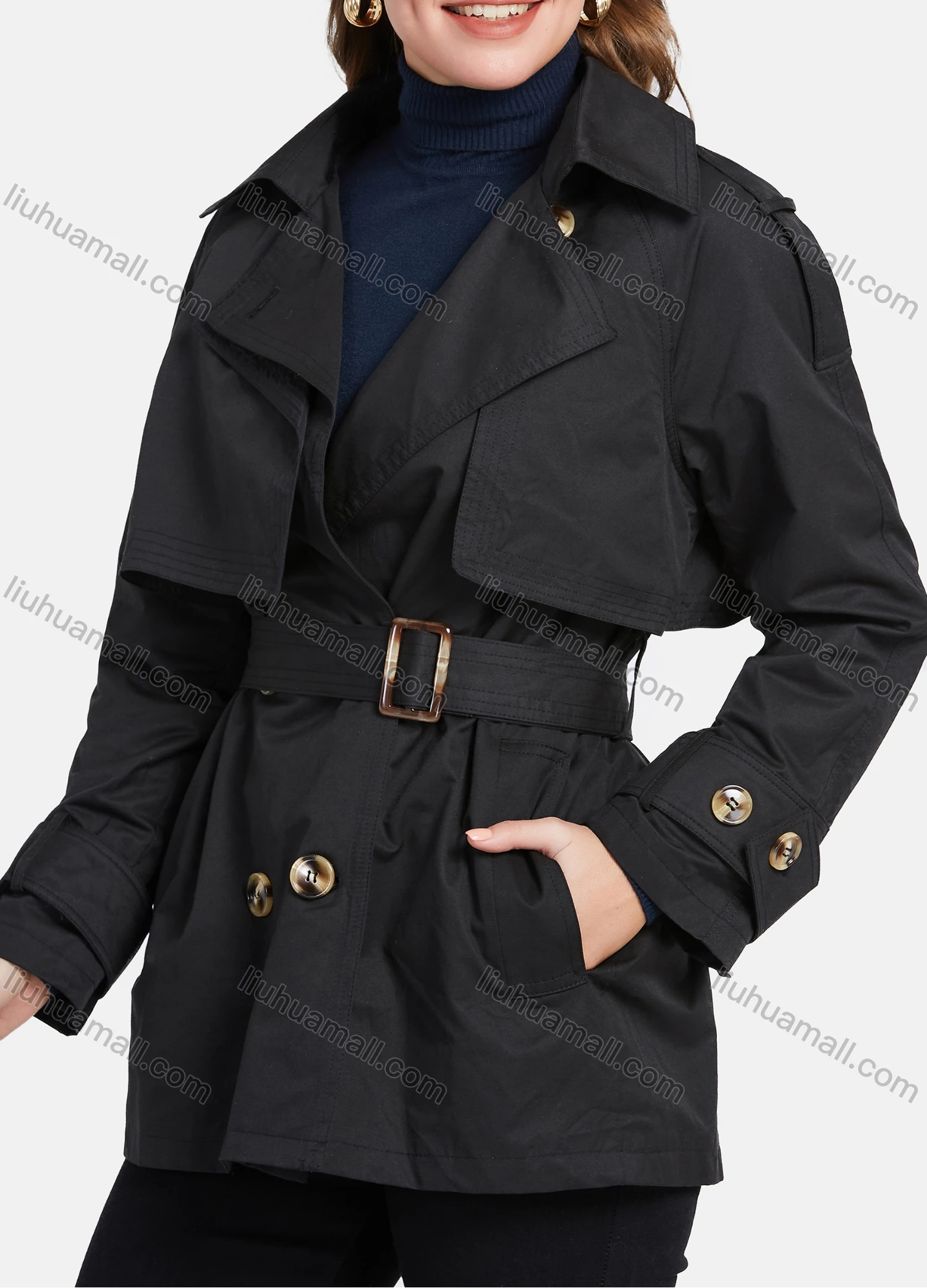 Wholesale Women's Lapel Double Breasted Windbreaker Mid Length Trench Coat With Buckle Belt - Liuhuamall