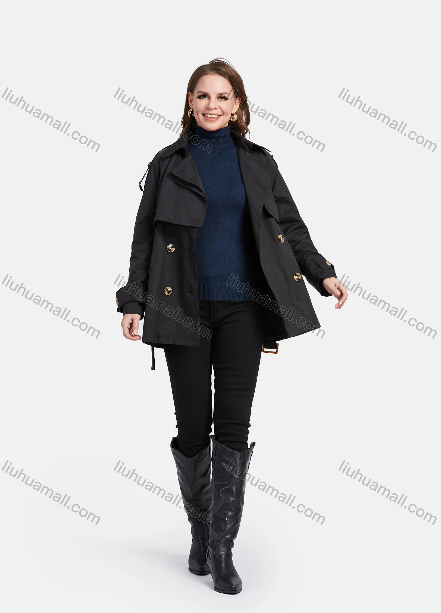 Wholesale Women's Lapel Double Breasted Windbreaker Mid Length Trench Coat With Buckle Belt - Liuhuamall