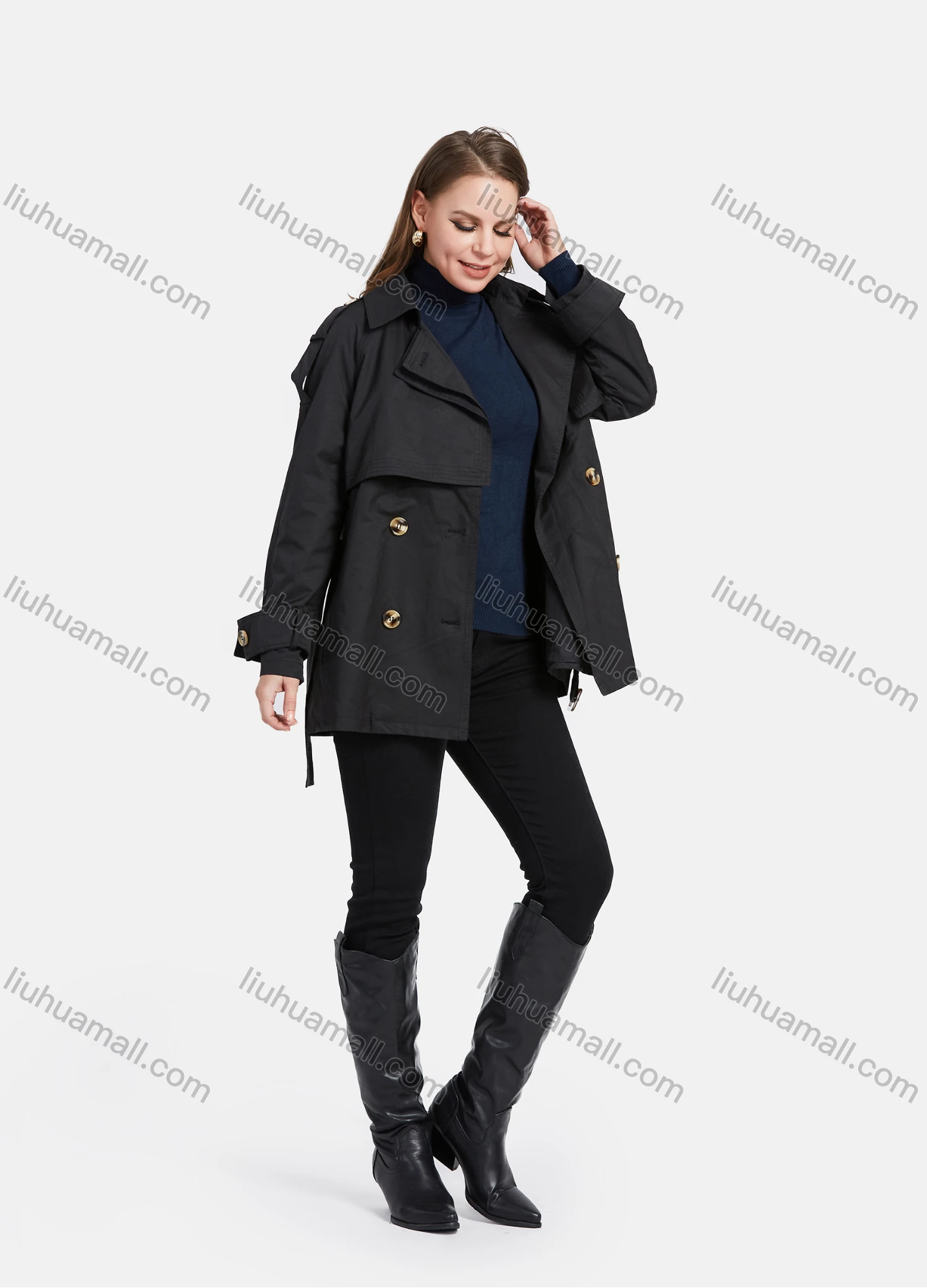 Wholesale Women's Lapel Double Breasted Windbreaker Mid Length Trench Coat With Buckle Belt - Liuhuamall