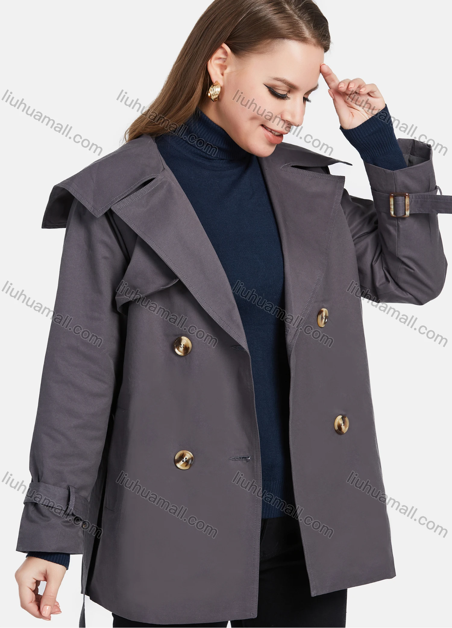 Wholesale Women's Casual Lapel Double Breasted Mid Length Trench Coat With Buckle Belt - Liuhuamall