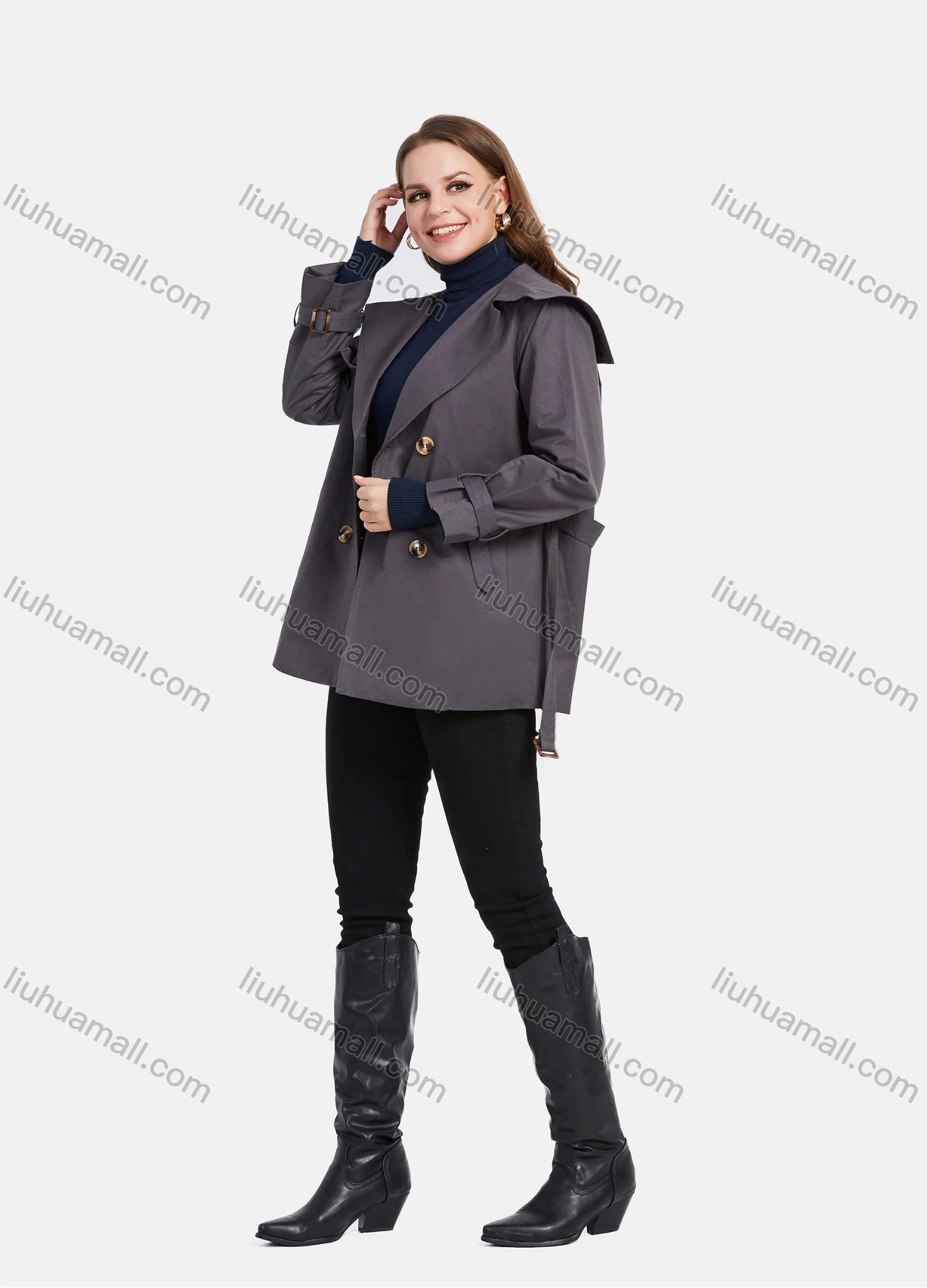 Wholesale Women's Casual Lapel Double Breasted Mid Length Trench Coat With Buckle Belt - Liuhuamall