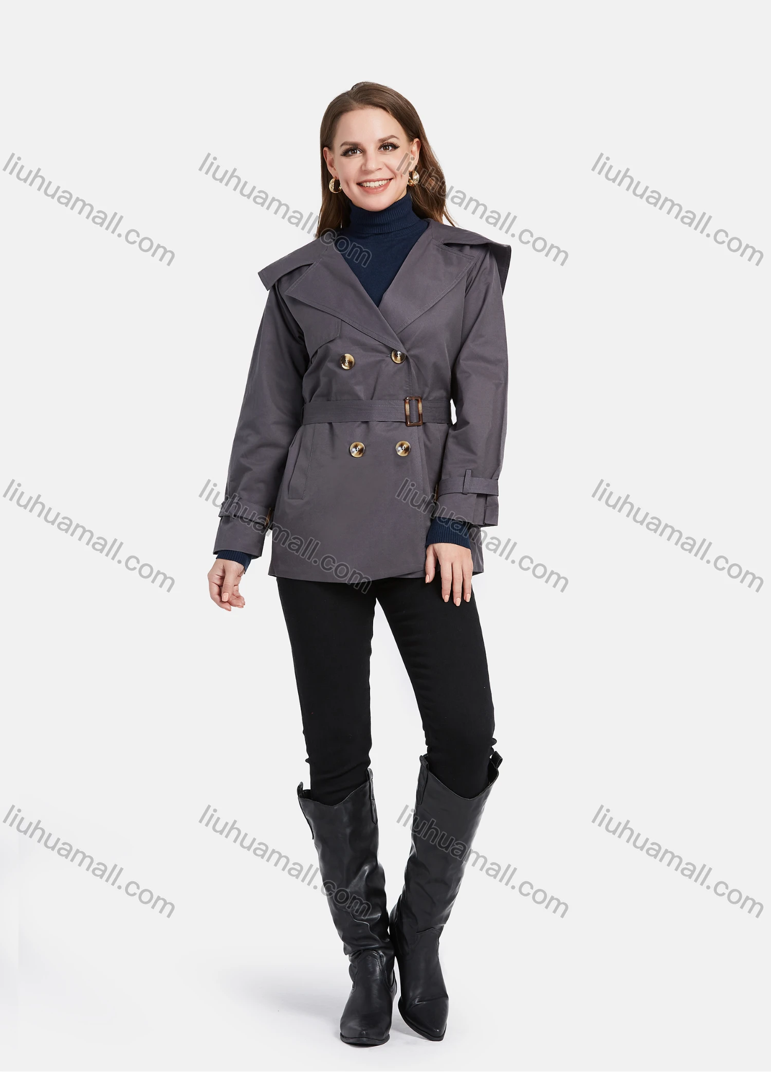 Wholesale Women's Casual Lapel Double Breasted Mid Length Trench Coat With Buckle Belt - Liuhuamall