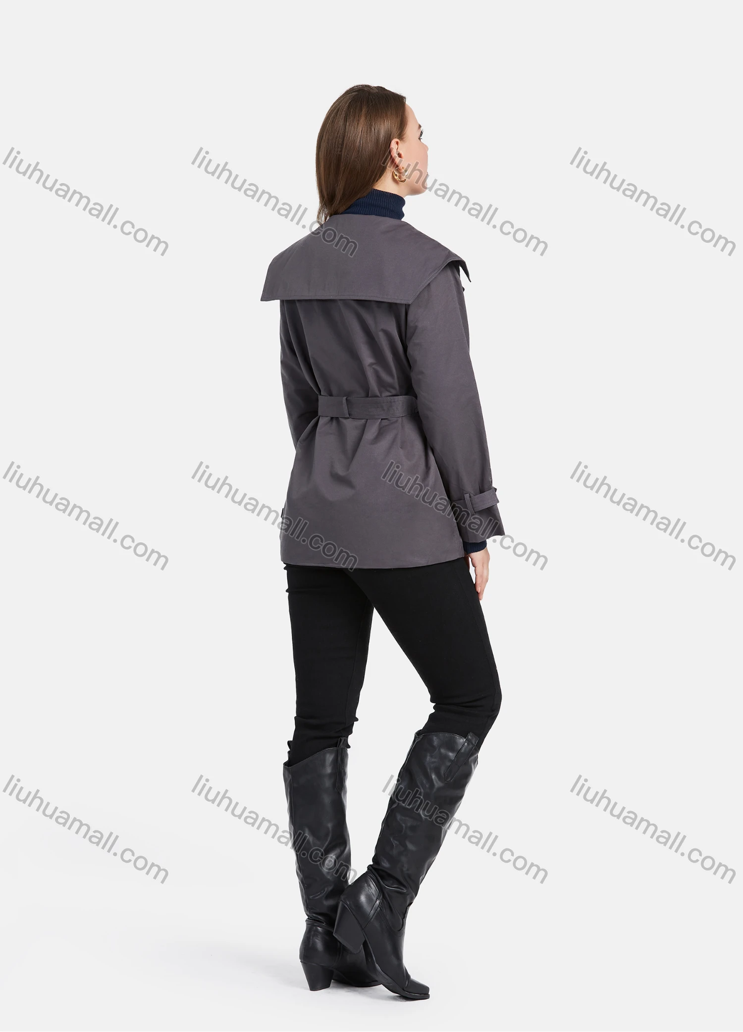 Wholesale Women's Casual Lapel Double Breasted Mid Length Trench Coat With Buckle Belt - Liuhuamall