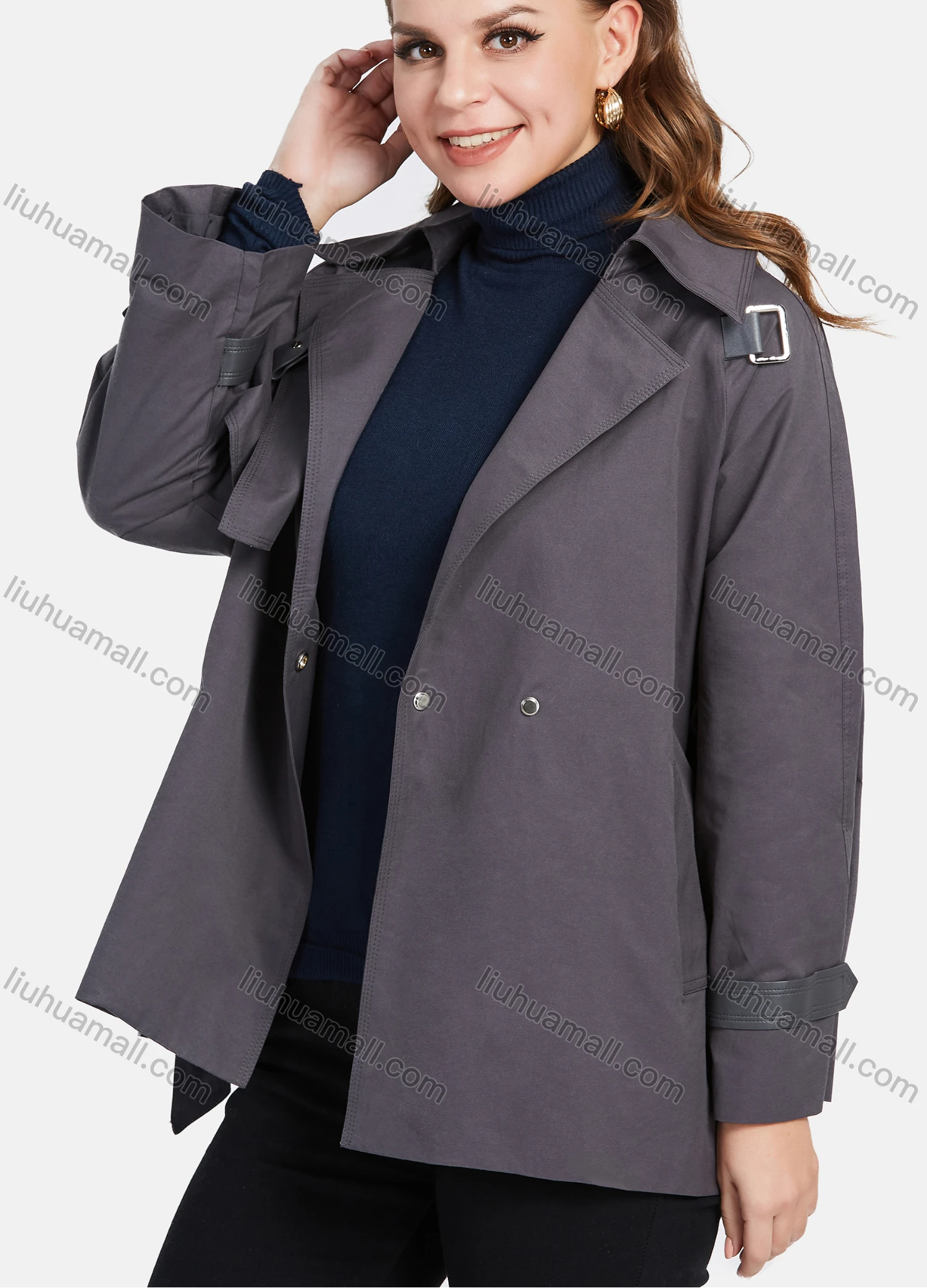 Wholesale Women's Casual Lapel Double Breasted Windbreaker Mid Length Trench Coat With Tie Belt - Liuhuamall