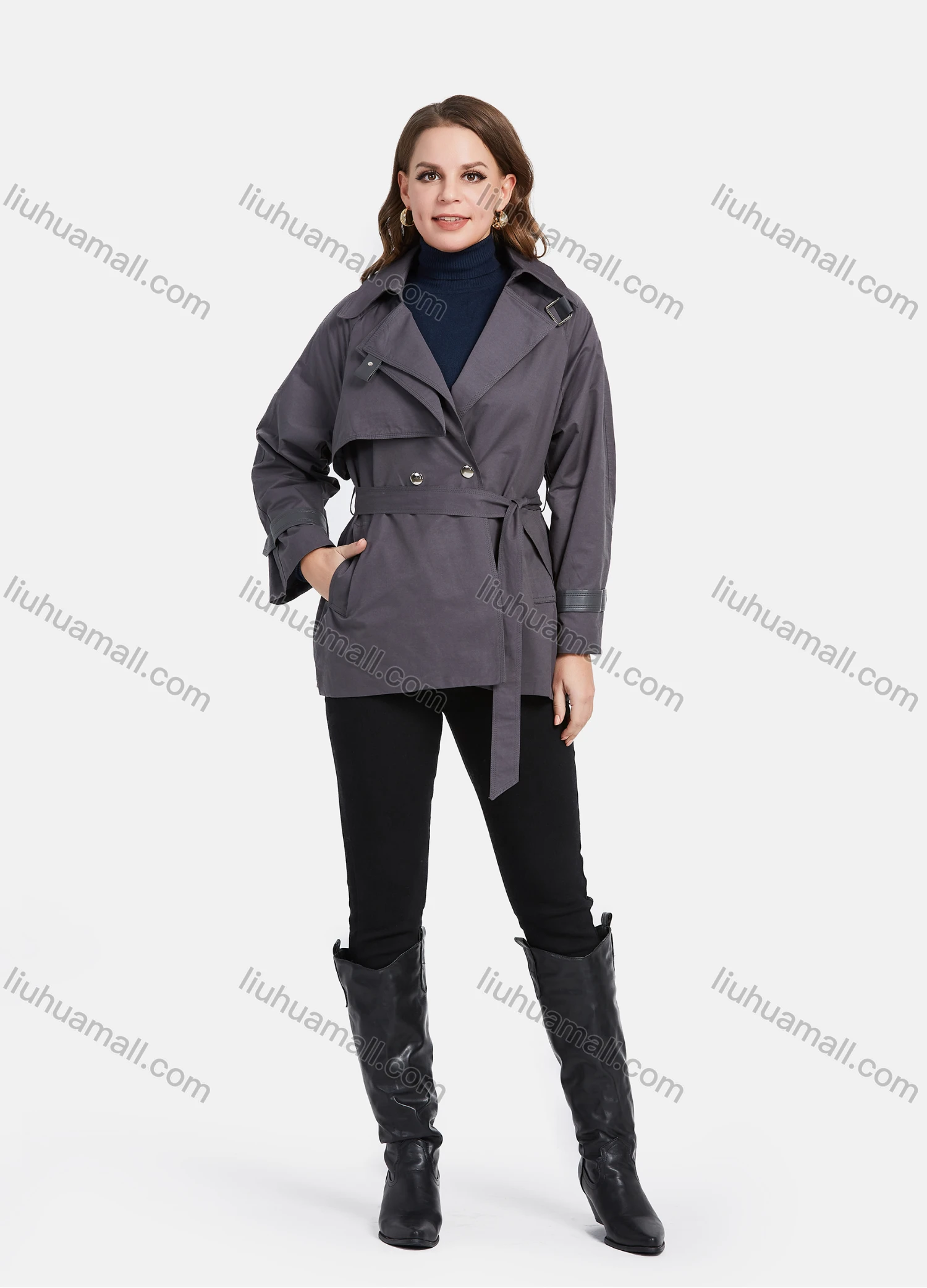 Wholesale Women's Casual Lapel Double Breasted Windbreaker Mid Length Trench Coat With Tie Belt - Liuhuamall