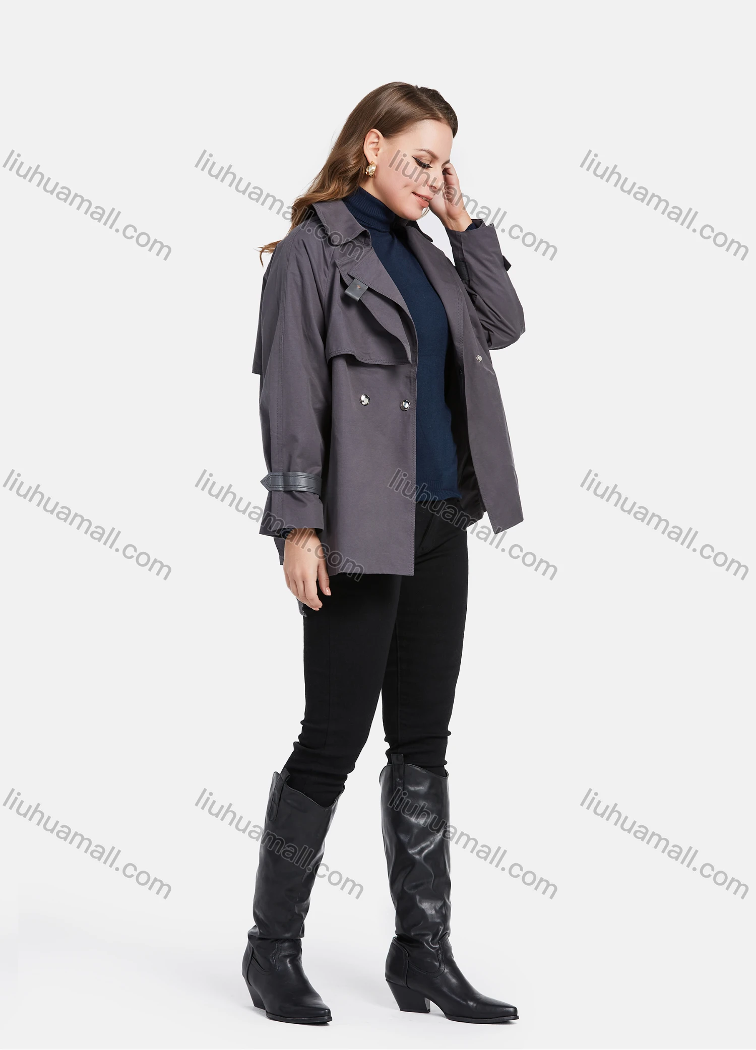 Wholesale Women's Casual Lapel Double Breasted Windbreaker Mid Length Trench Coat With Tie Belt - Liuhuamall