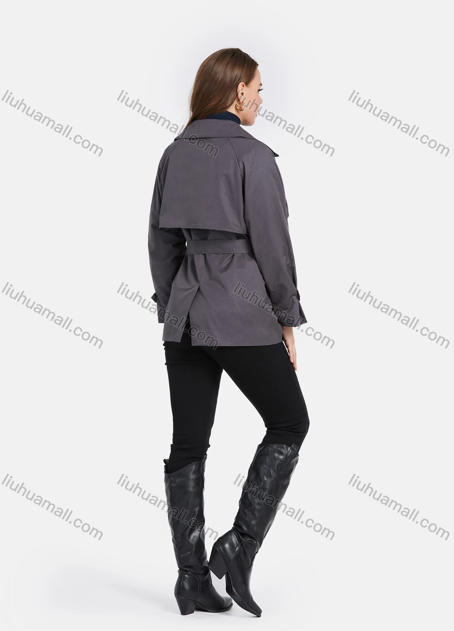Wholesale Women's Casual Lapel Double Breasted Windbreaker Mid Length Trench Coat With Tie Belt - Liuhuamall