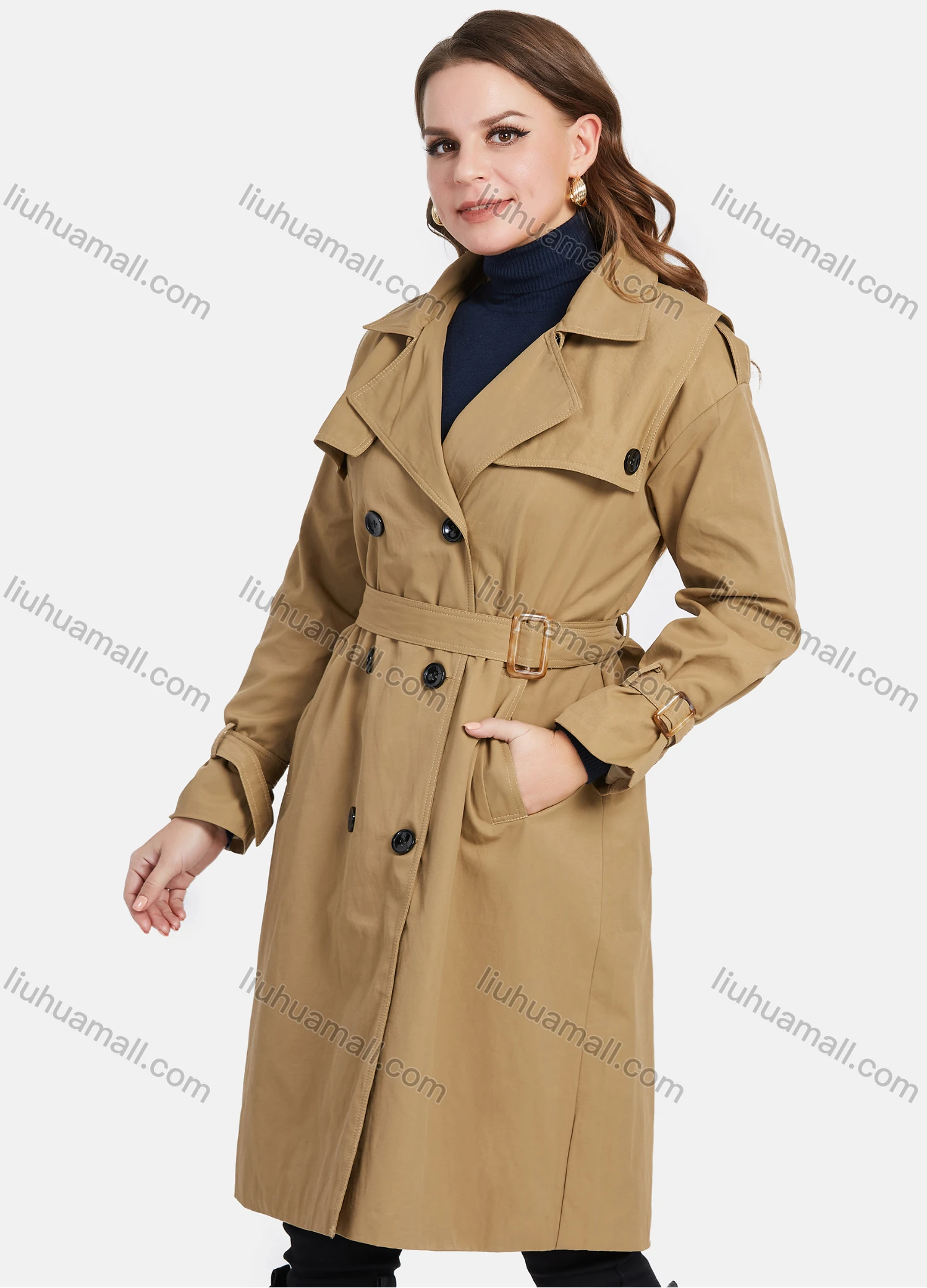 Wholesale Women's Casual Lapel Double Breasted Mid Length Trench Coat With Belt - Liuhuamall