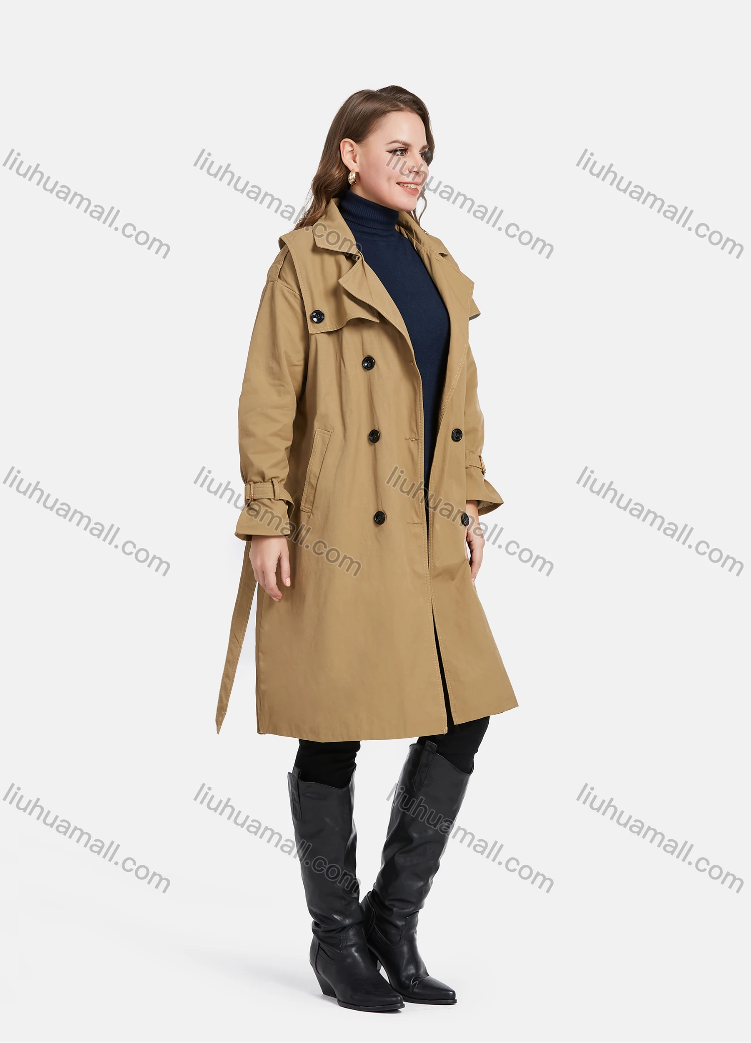 Wholesale Women's Casual Lapel Double Breasted Mid Length Trench Coat With Belt - Liuhuamall
