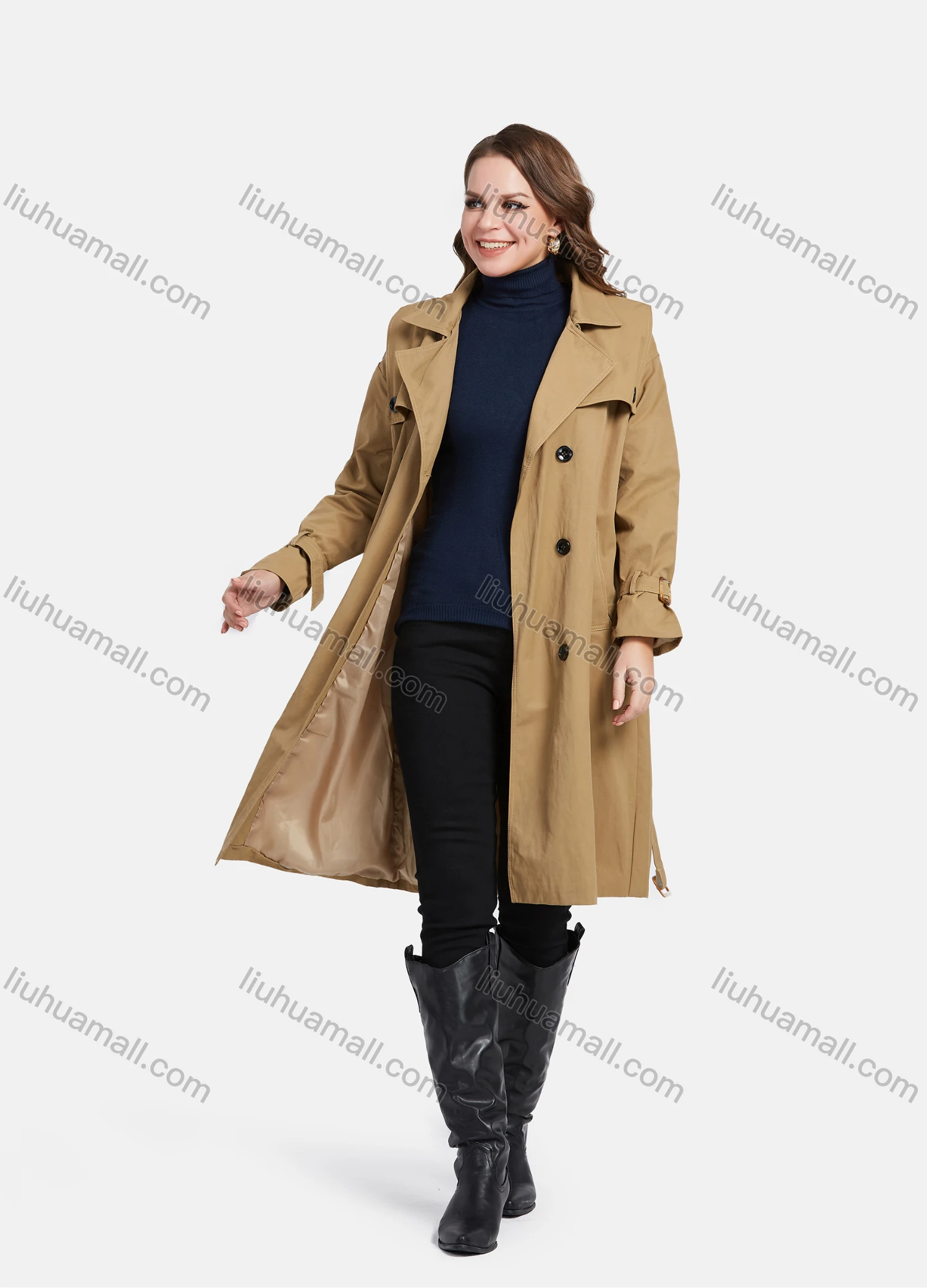 Wholesale Women's Casual Lapel Double Breasted Mid Length Trench Coat With Belt - Liuhuamall