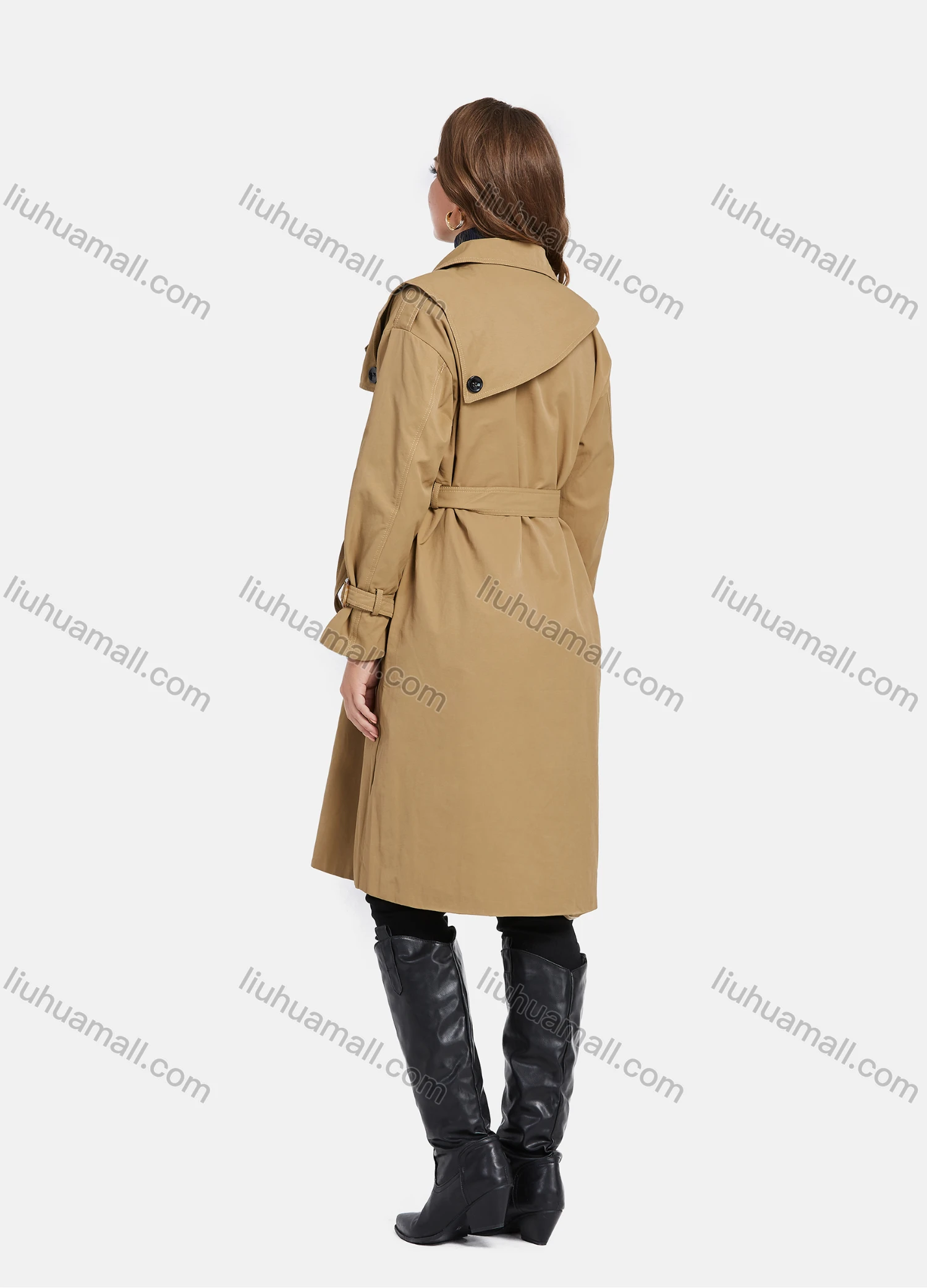 Wholesale Women's Casual Lapel Double Breasted Mid Length Trench Coat With Belt - Liuhuamall