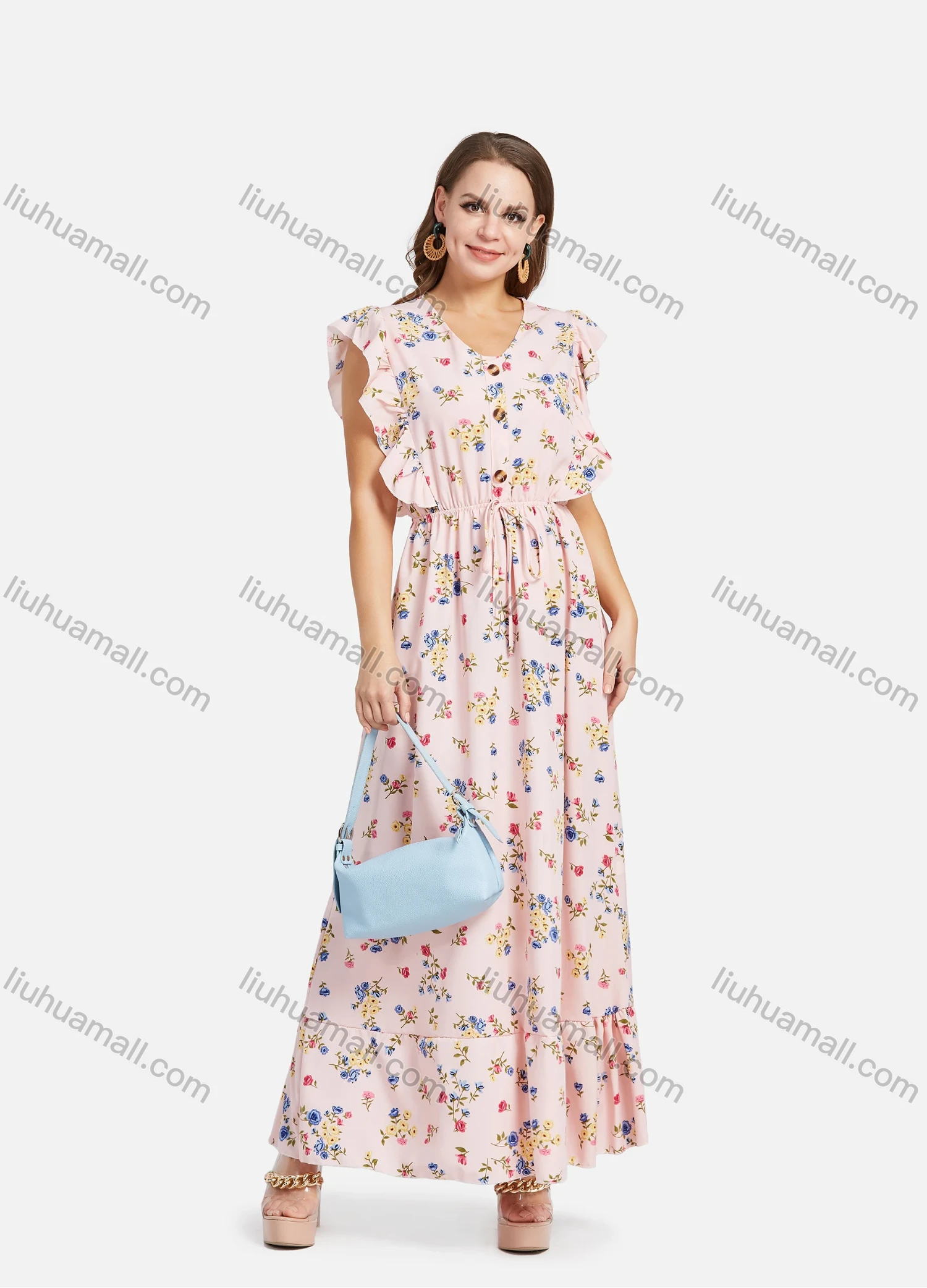 Wholesale Women's Casual Sleeveless Ruffle Trim Floral Print Drawstring Maxi Tank Dress 006# - Liuhuamall