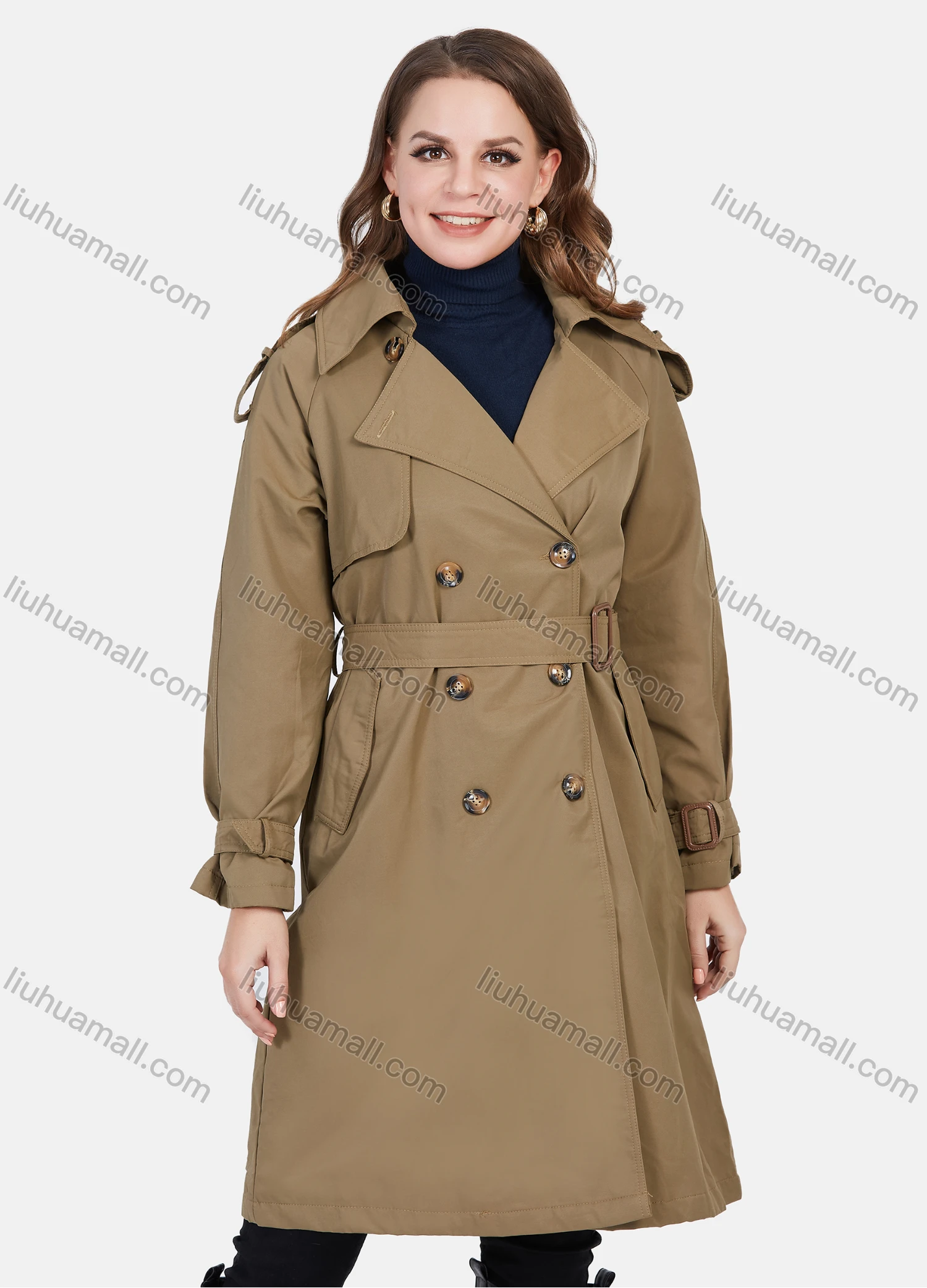 Wholesale Women's Lapel Double Breasted Mid Length Trench Coat With Buckle Belt - Liuhuamall