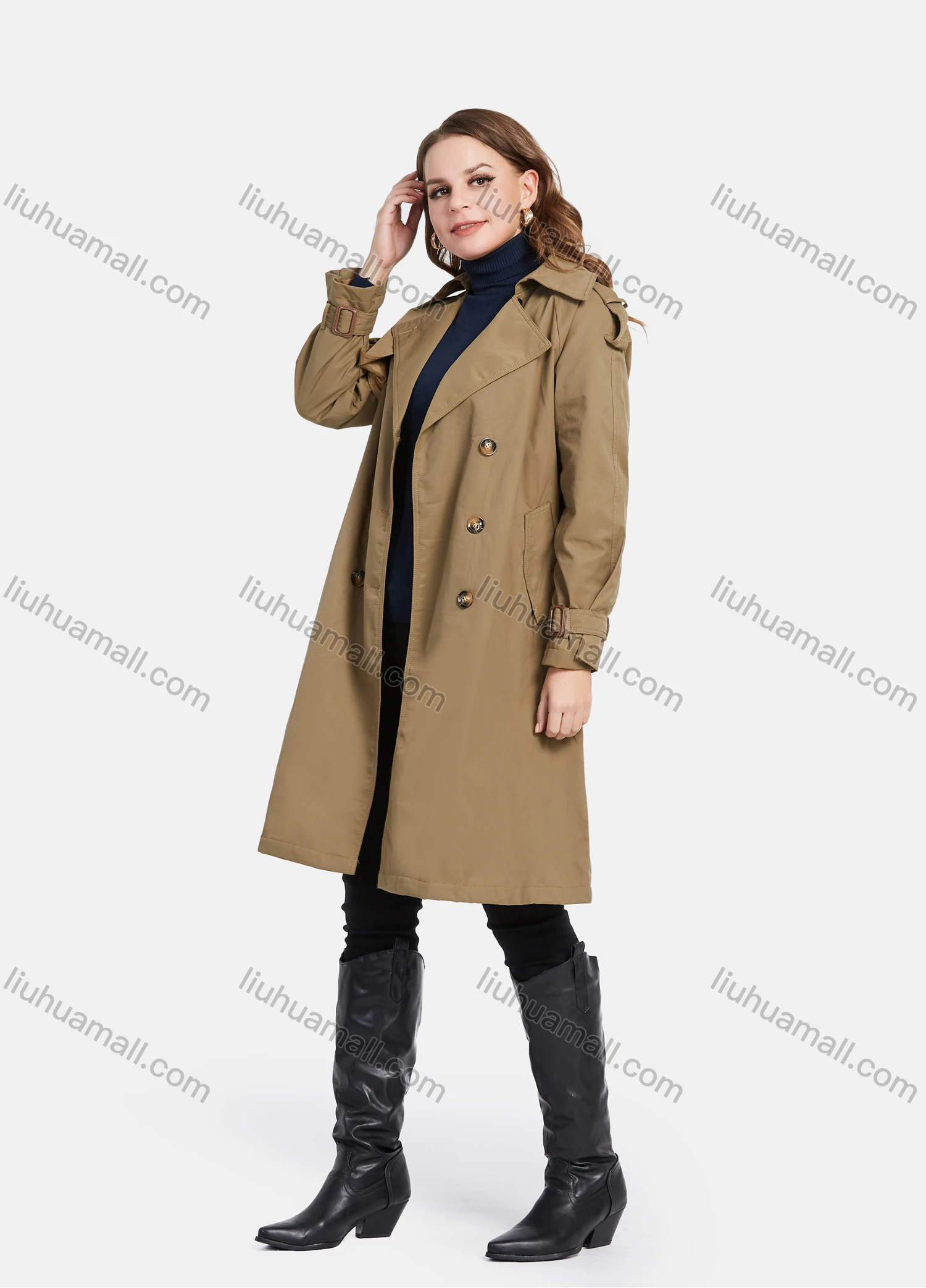 Wholesale Women's Lapel Double Breasted Mid Length Trench Coat With Buckle Belt - Liuhuamall