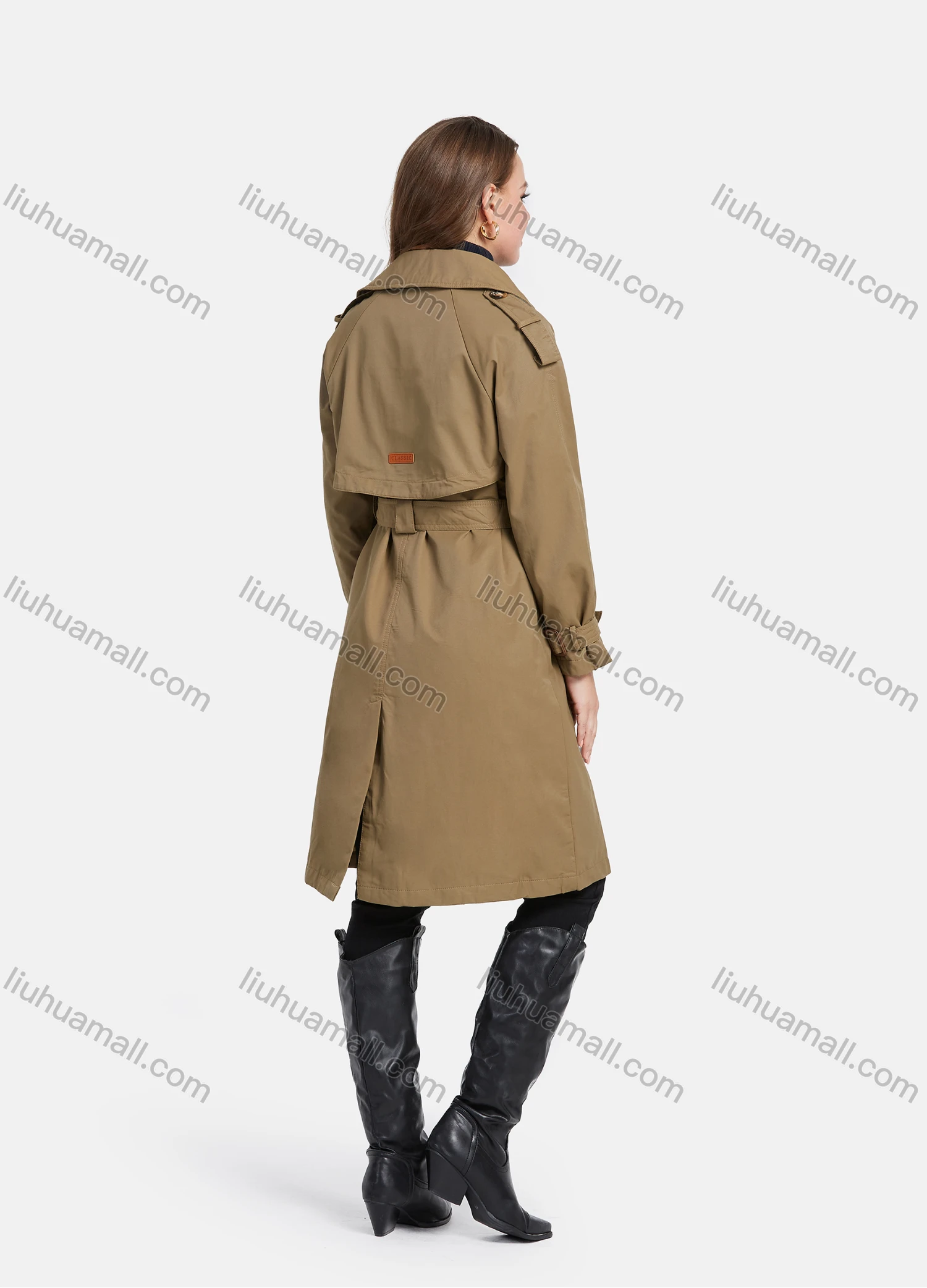 Wholesale Women's Lapel Double Breasted Mid Length Trench Coat With Buckle Belt - Liuhuamall