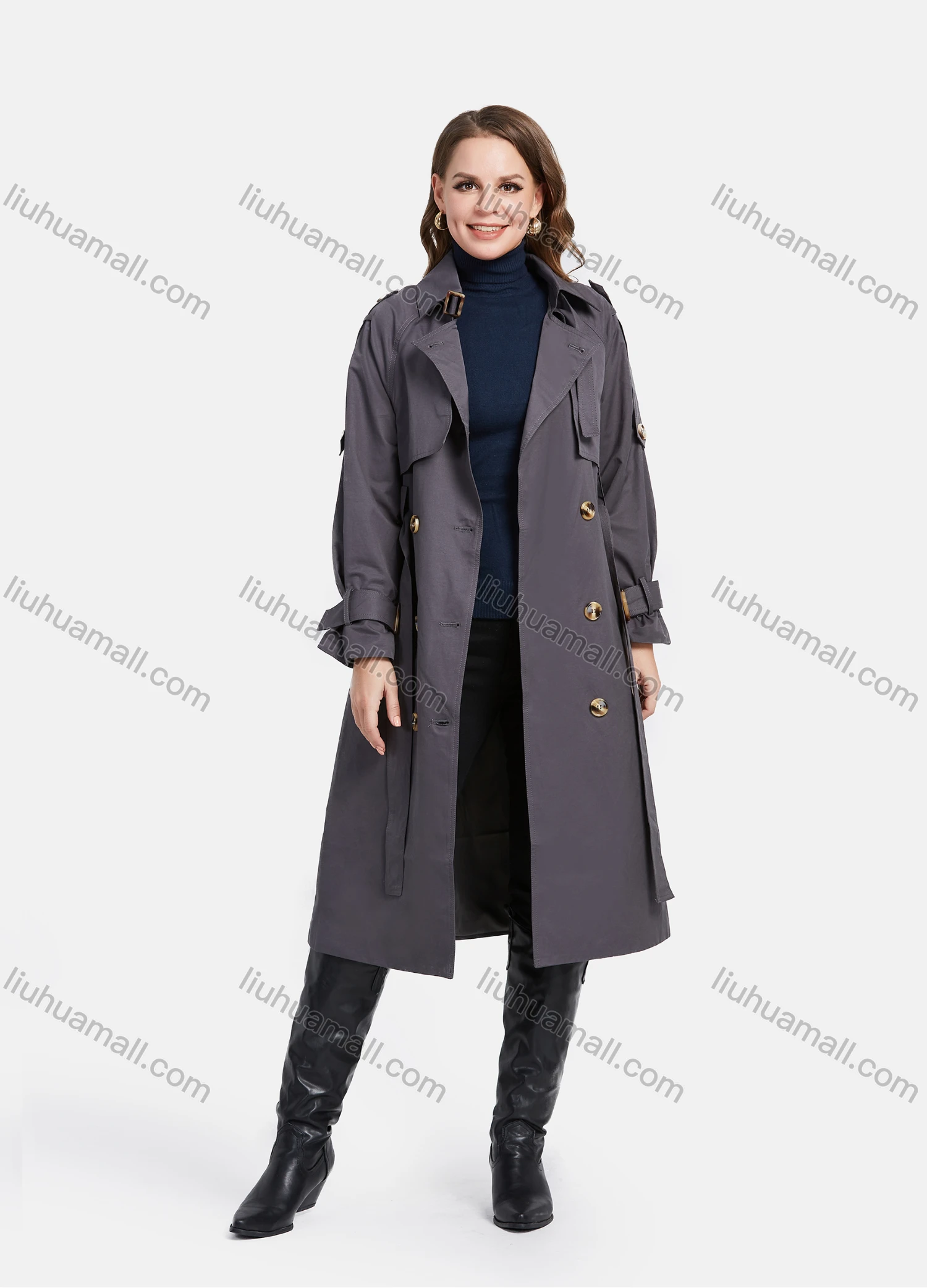 Wholesale Women's Lapel Double Breasted Mid Length Trench Coat With Tie Belt - Liuhuamall