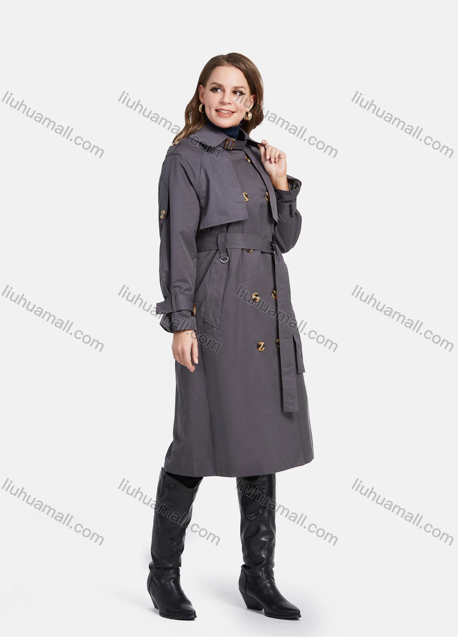 Wholesale Women's Lapel Double Breasted Mid Length Trench Coat With Tie Belt - Liuhuamall