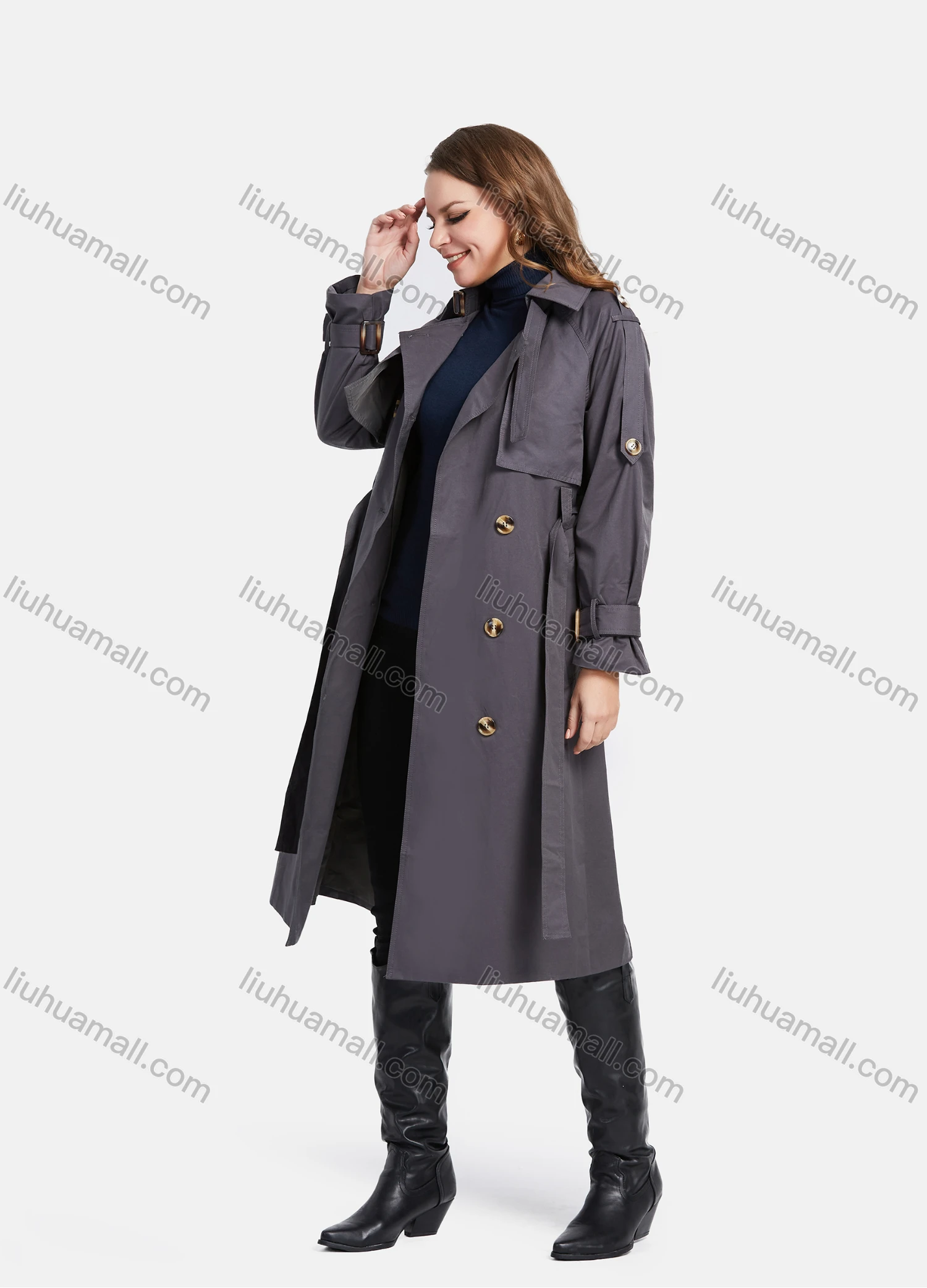 Wholesale Women's Lapel Double Breasted Mid Length Trench Coat With Tie Belt - Liuhuamall