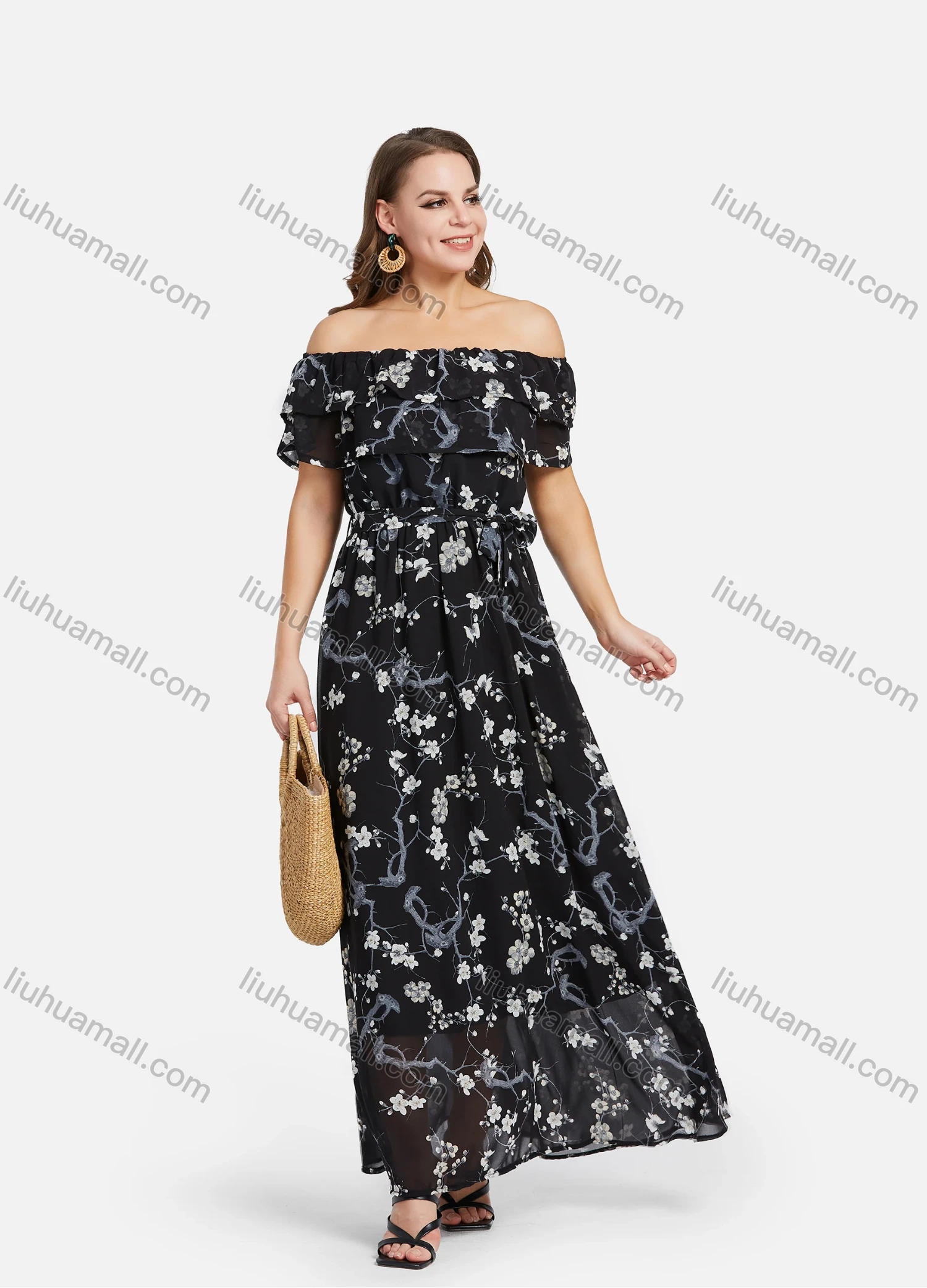 Wholesale Women's Elegant Chiffon Off Shoulder Floral Print Layered Maxi Dress With Belt 021# - Liuhuamall