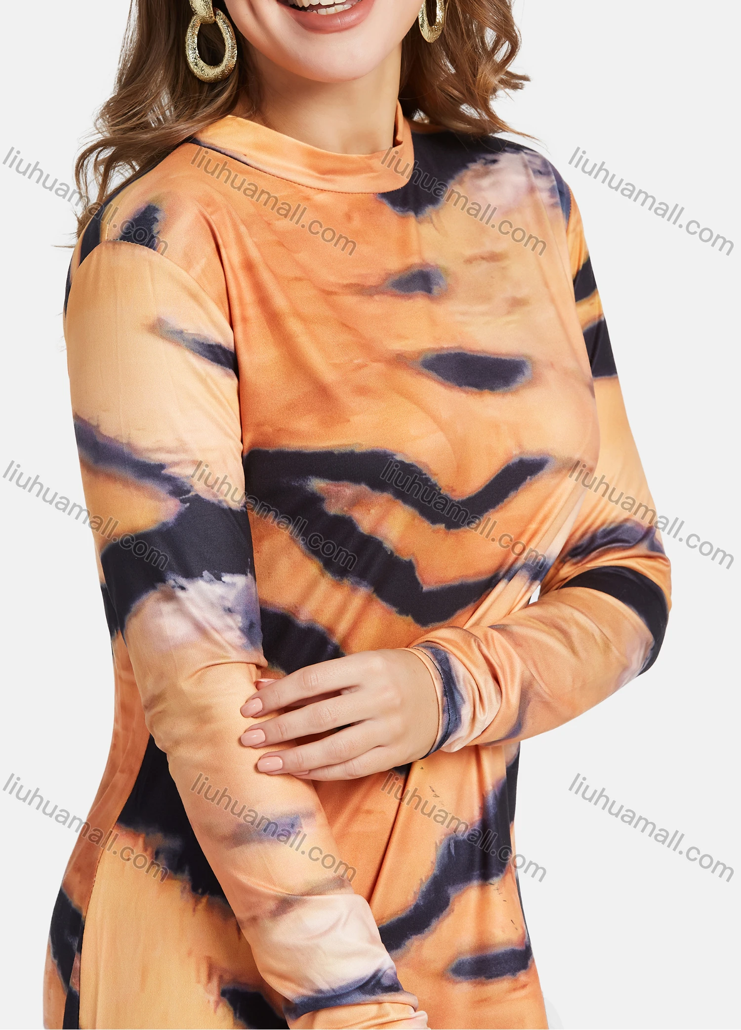 Wholesale Women's Fashion Long Sleeve Mock Neck Tiger Print Midi Dress - Liuhuamall