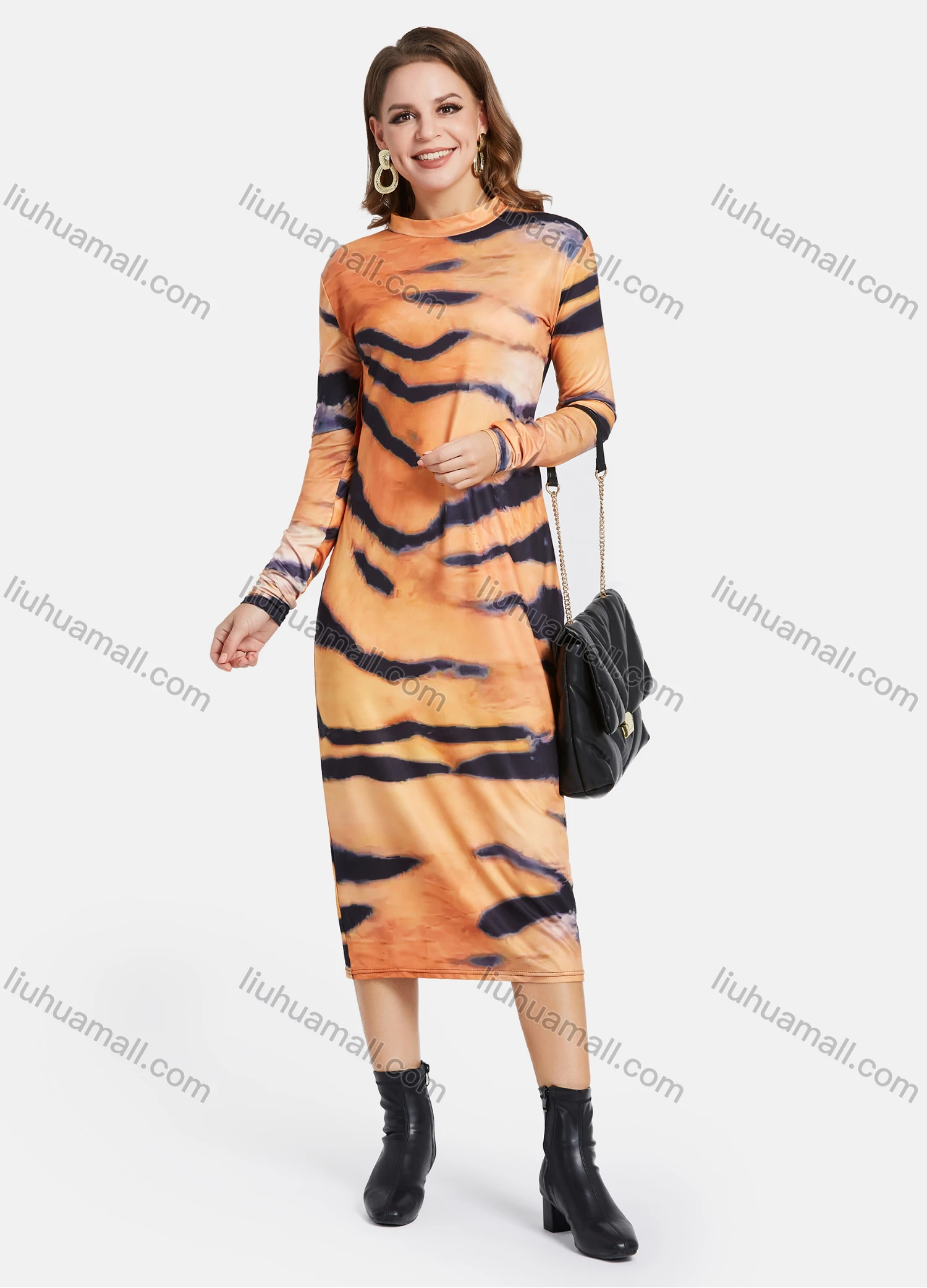 Wholesale Women's Fashion Long Sleeve Mock Neck Tiger Print Midi Dress - Liuhuamall