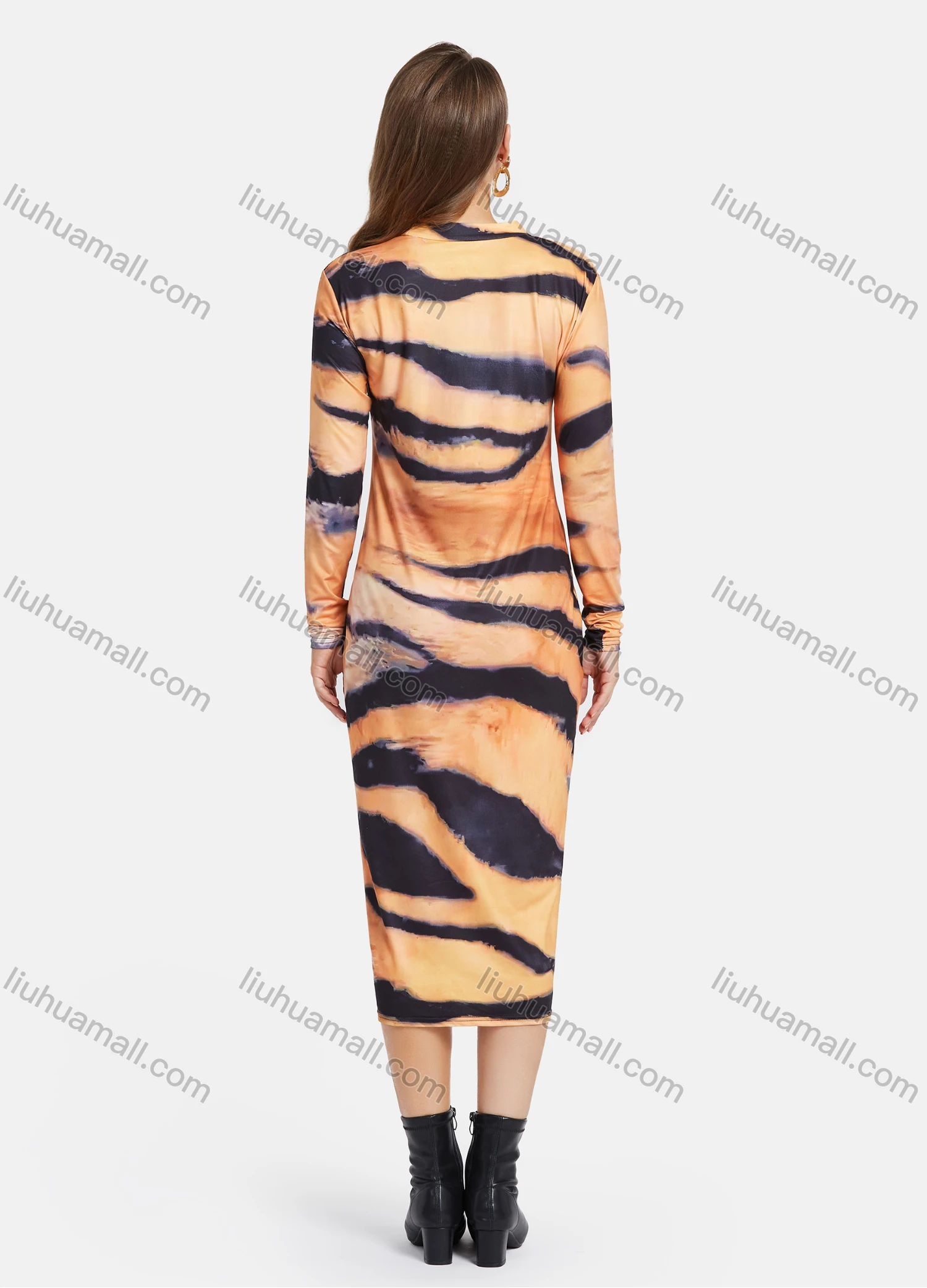 Wholesale Women's Fashion Long Sleeve Mock Neck Tiger Print Midi Dress - Liuhuamall