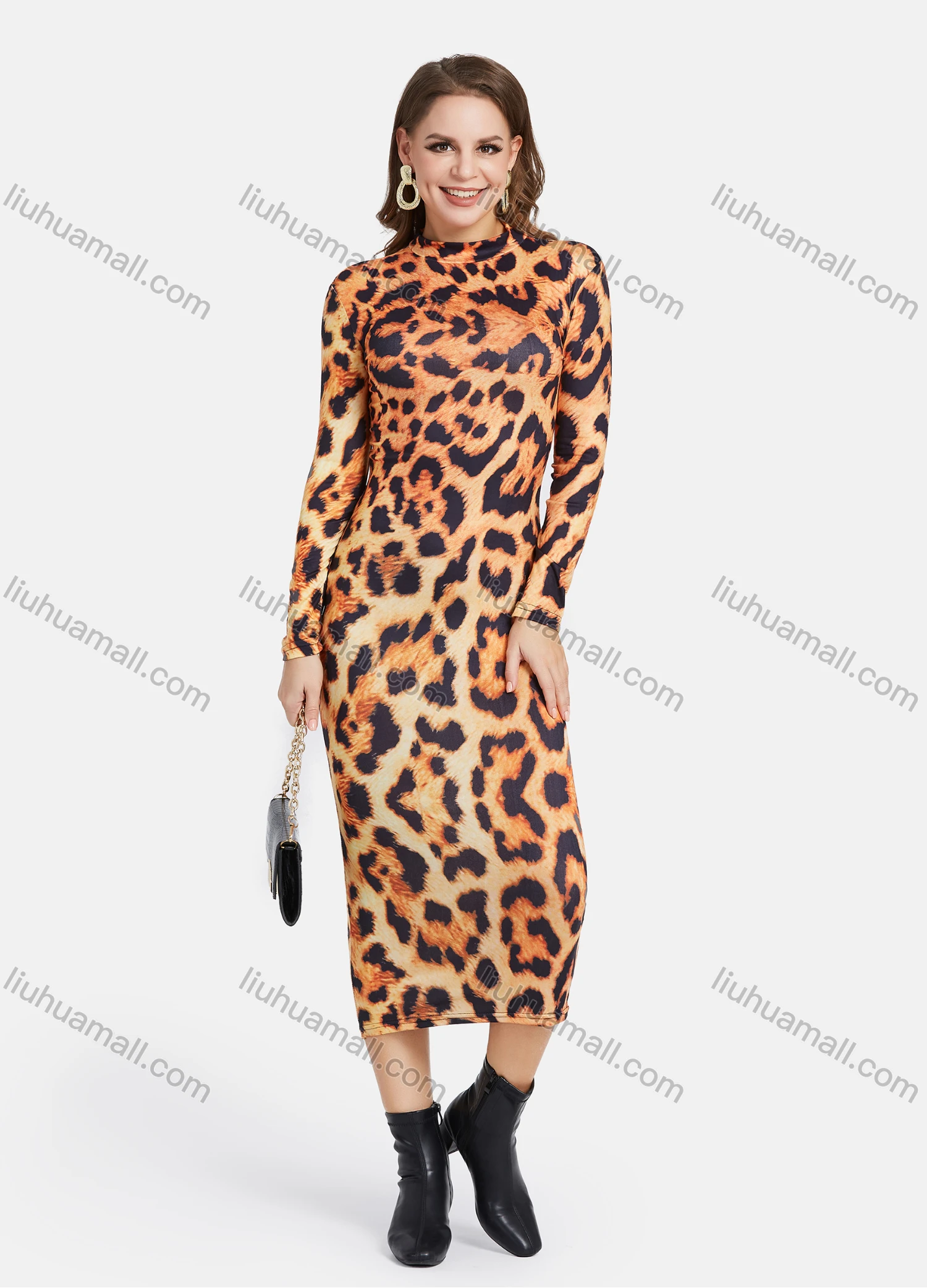Wholesale Women's Fashion Long Sleeve Mock Neck Leopard Print Bodycon Midi Dress - Liuhuamall